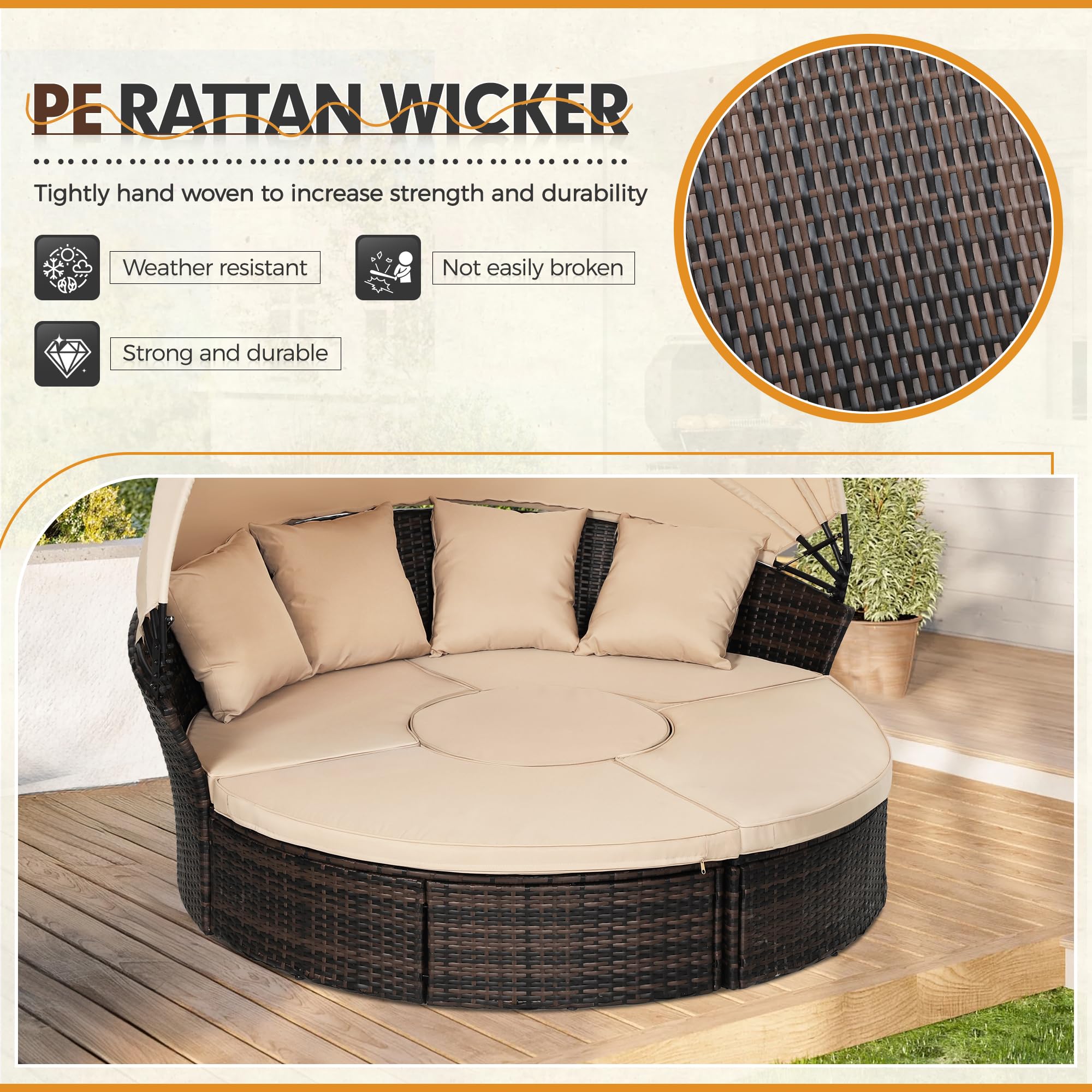 Outdoor Patio Round Daybed with Retractable Canopy - Adjustable Clamshell Sectional Wicker Furniture Set with Washable Cushions - Perfect for Backyard, Porch, Garden & Poolside Lounging - Brown