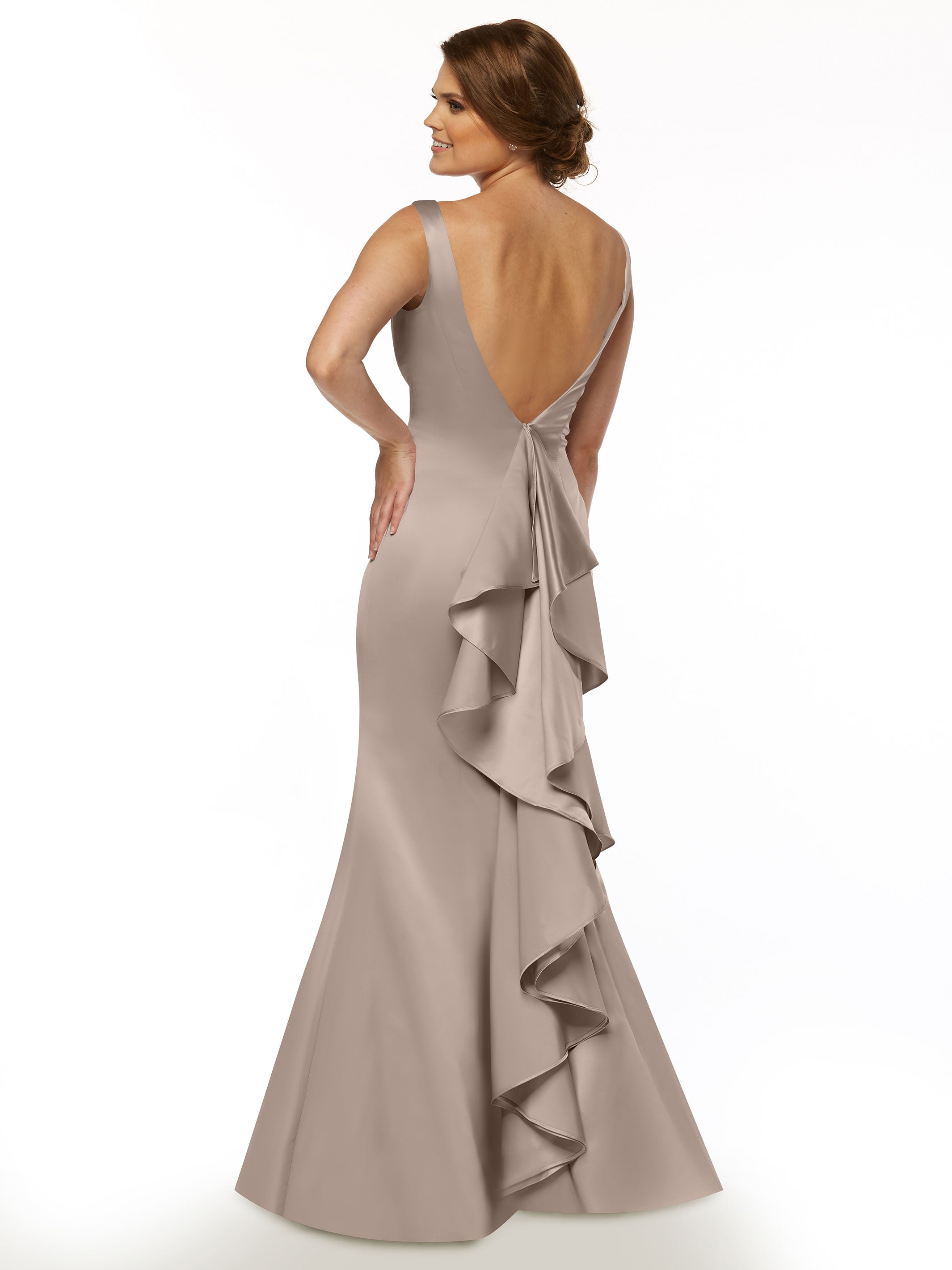 Elegant 80078 Fit and Flare Satin Bridesmaid Dress with V-Neckline & Ruffled Back - Perfect for Weddings, Prom, and Formal Events