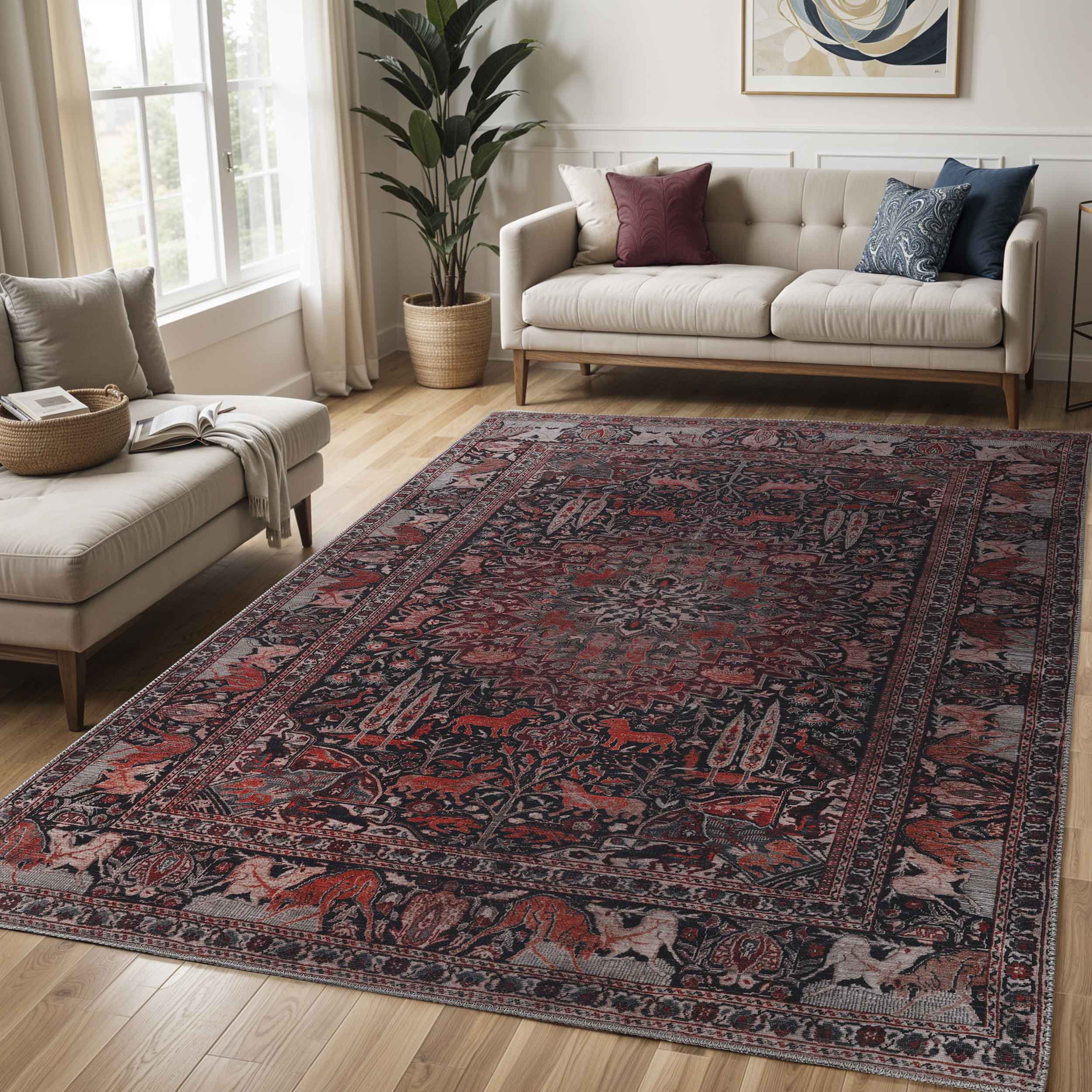 Bohemian Oriental Medallion Wildlife Indoor Area Rug or Runner - Non-Slip, Soft & Durable - Perfect for Living Room, Bedroom, or Hallway Decor