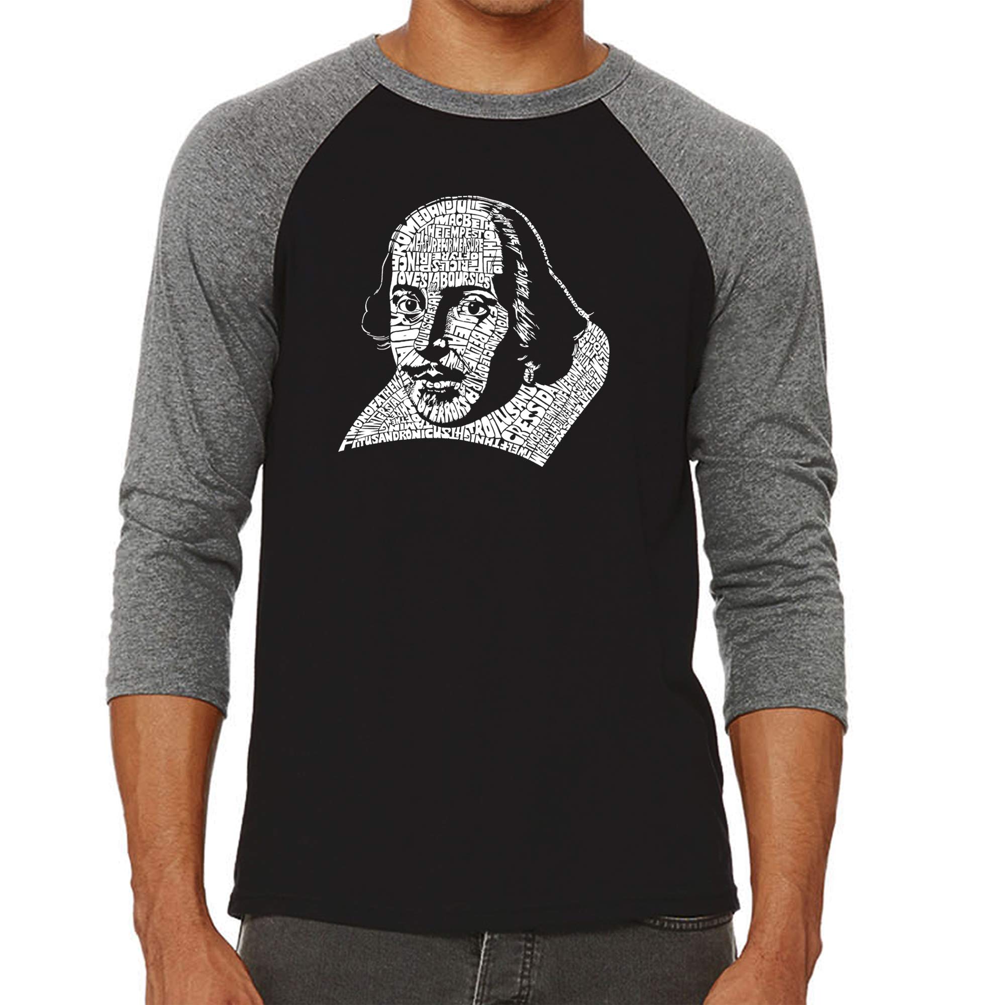 LA POP ART Men's Raglan Baseball Word Art T-Shirt - Featuring All William Shakespeare's Comedies & Tragedies | Vintage Literary Tee for Theater Lovers & Bookworms | Perfect for Shakespeare Festivals, Book Clubs & Casual Wear