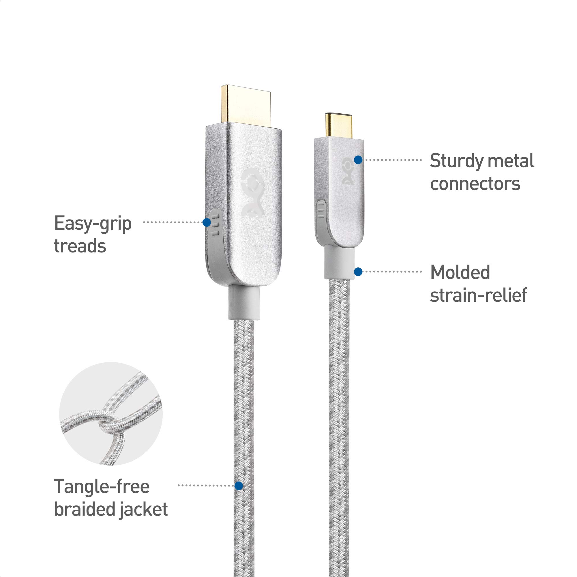 Premium USB-C to HDTV Cable 6ft (4K@60Hz, 3D, Audio) - Frosty Silver | Fast Charging & Video Sync for MacBook, iPad, Samsung TV | Home Theater & Office Setup