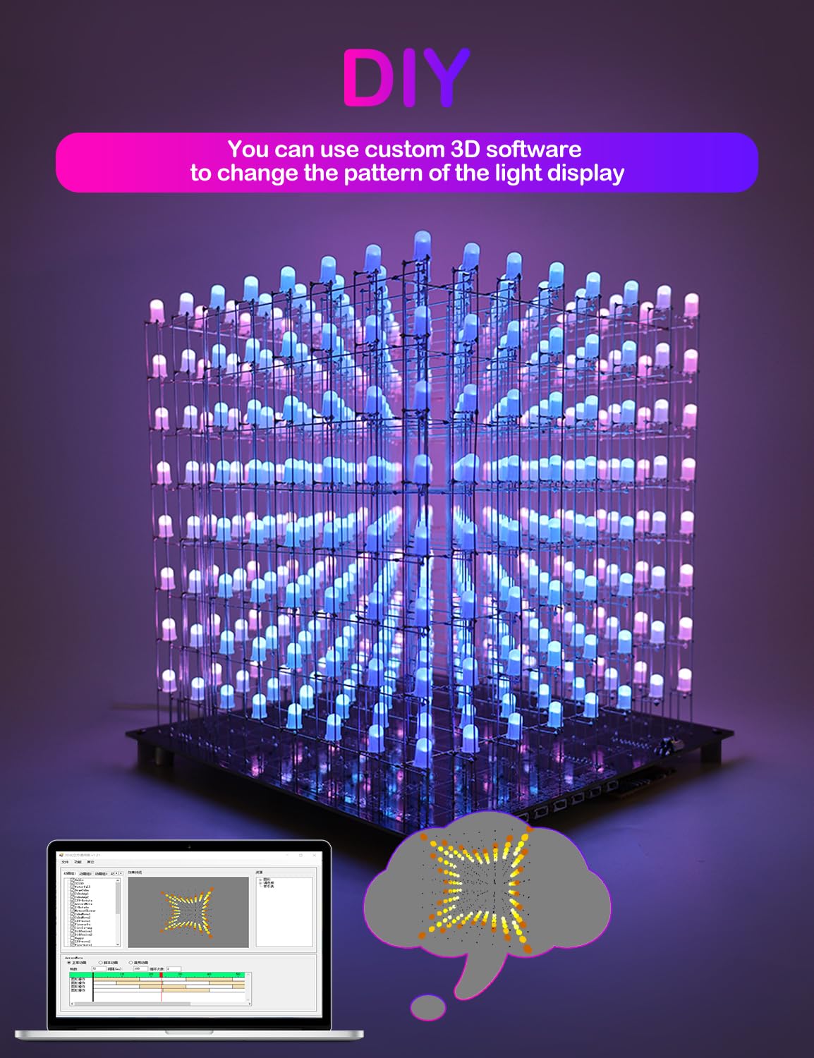 3D8RGB LED Cube Kit - 8x8x8 DIY Electronics Soldering Project with RGB Lights for STEM Learning & Home Decoration | Perfect Gift for Tech Enthusiasts & Hobbyists (3D8RGB-KIT)