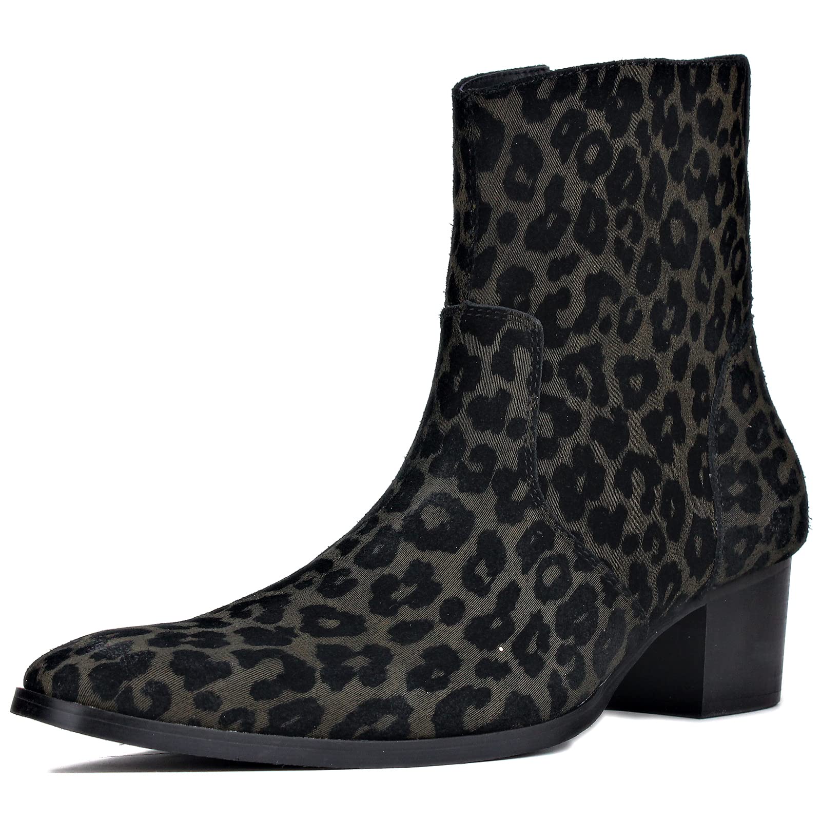 OSSTONE Men's Chelsea Ankle Boots - Genuine Leather Leopard Print Side Zipper Heel Boots OS-JY041-US | Stylish Casual & Work Boots for Everyday Wear