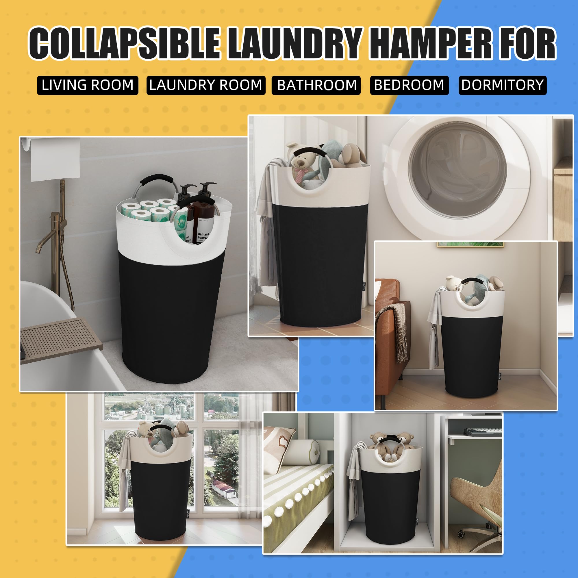 90L Collapsible Laundry Basket with Padded Handles - Waterproof Foldable Clothes Hamper for Home, Dorm & Travel - Tall Standing Laundry Organizer for Easy Storage (Black) - Perfect for Bedroom, Bathroom & Laundry Room Organization