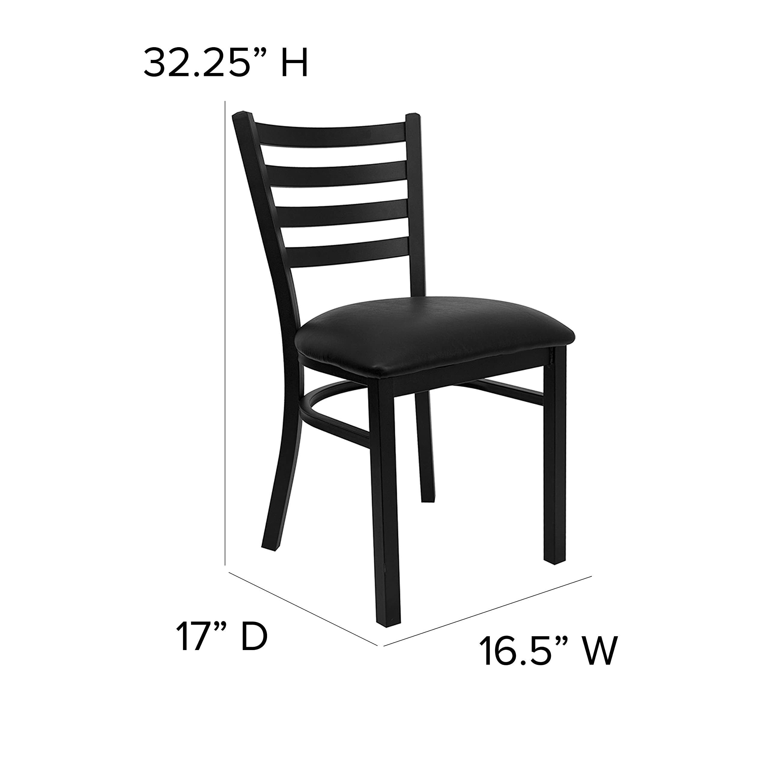 2 Pack Black Metal Ladder Back Restaurant Chairs with Vinyl Seat - Commercial Dining Furniture for Cafes, Diners & Home Kitchen Use