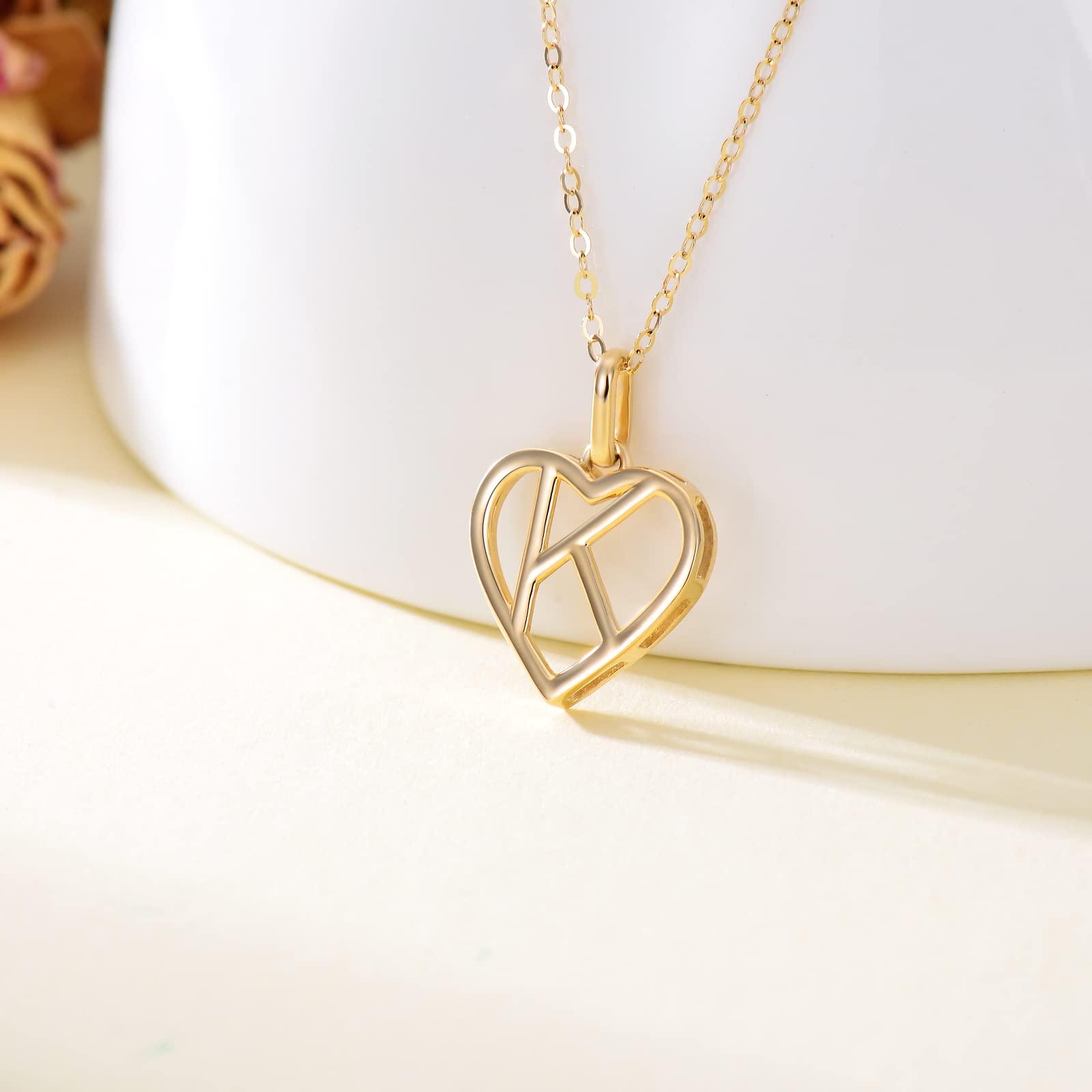 14K Solid Gold Heart Initial Necklace for Women - Personalized Letter A Pendant with 18