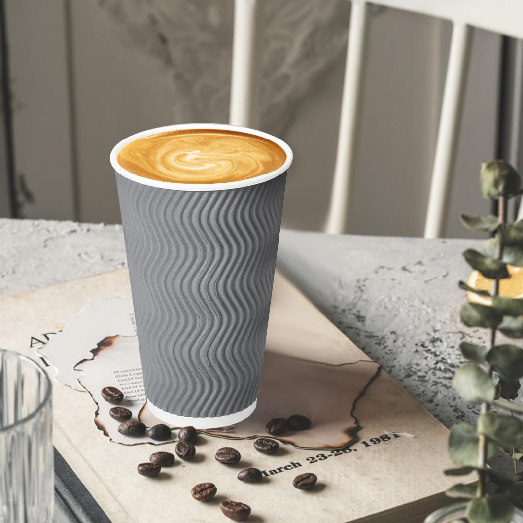 16oz Insulated Paper Coffee Cups with Lids - 100 Pack Disposable Ripple Design Cups for Hot & Cold Beverages - Perfect for Coffee, Tea, Juice, Water - Ideal for Offices, Cafes, Parties & Home Use (Gray)
