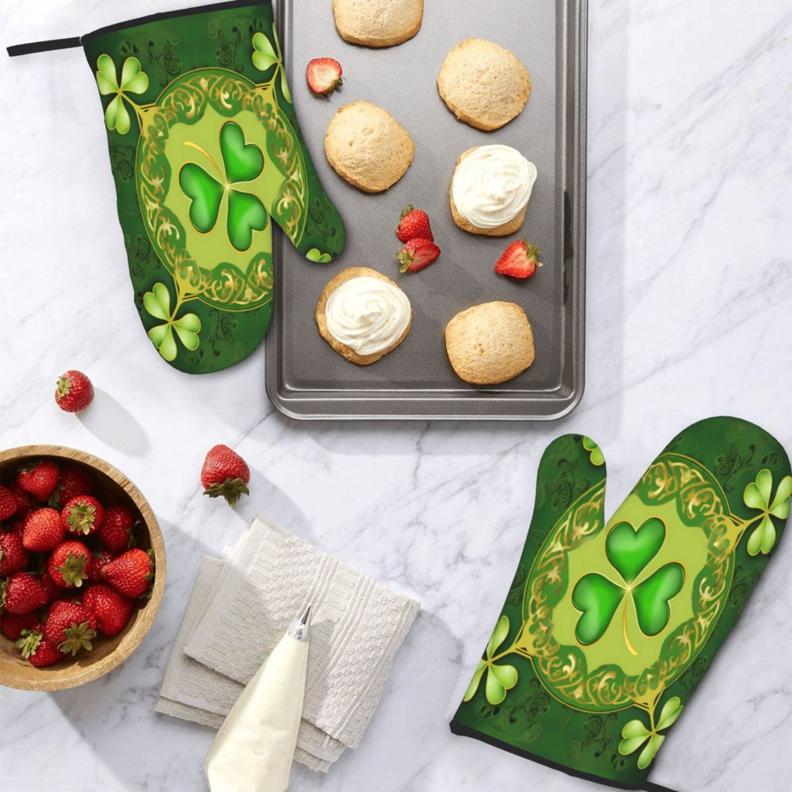 2-Piece Green Shamrock Clover Oven Mitts Set - Heat Resistant Baking Gloves for Cooking, BBQ, Grilling & Kitchen Use - Perfect for St. Patrick's Day & Holiday Baking