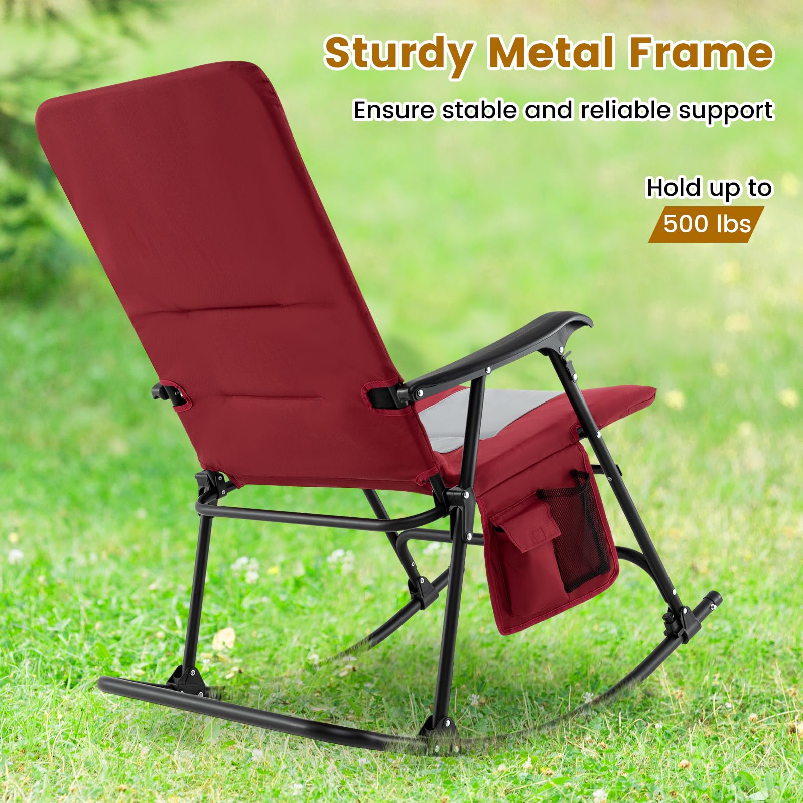 Tangkula Folding Rocking Chair - Heavy Duty 350lbs Capacity, Padded High Back Camp Chair with Armrests, Portable Foldable Design for Indoor Outdoor Use - Perfect for Patio, Lawn, Backyard, Camping & Relaxation (Red)