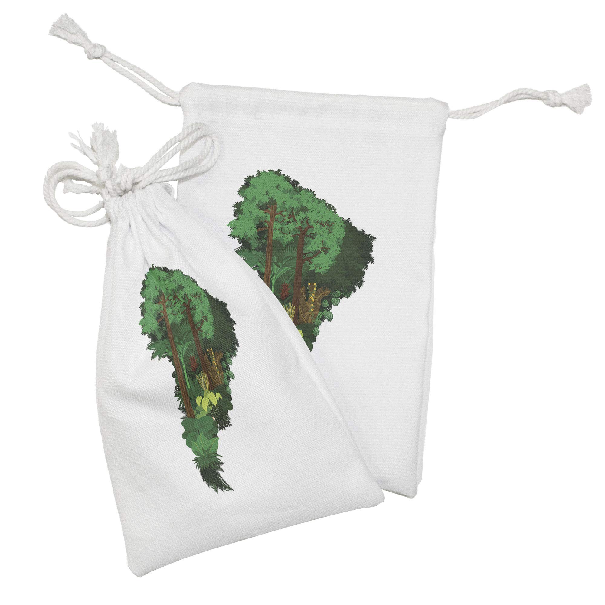Ambesonne 2-Pack South America Fabric Pouch Set - Botanical Continent Map with Jungle Trees & Flora - 9