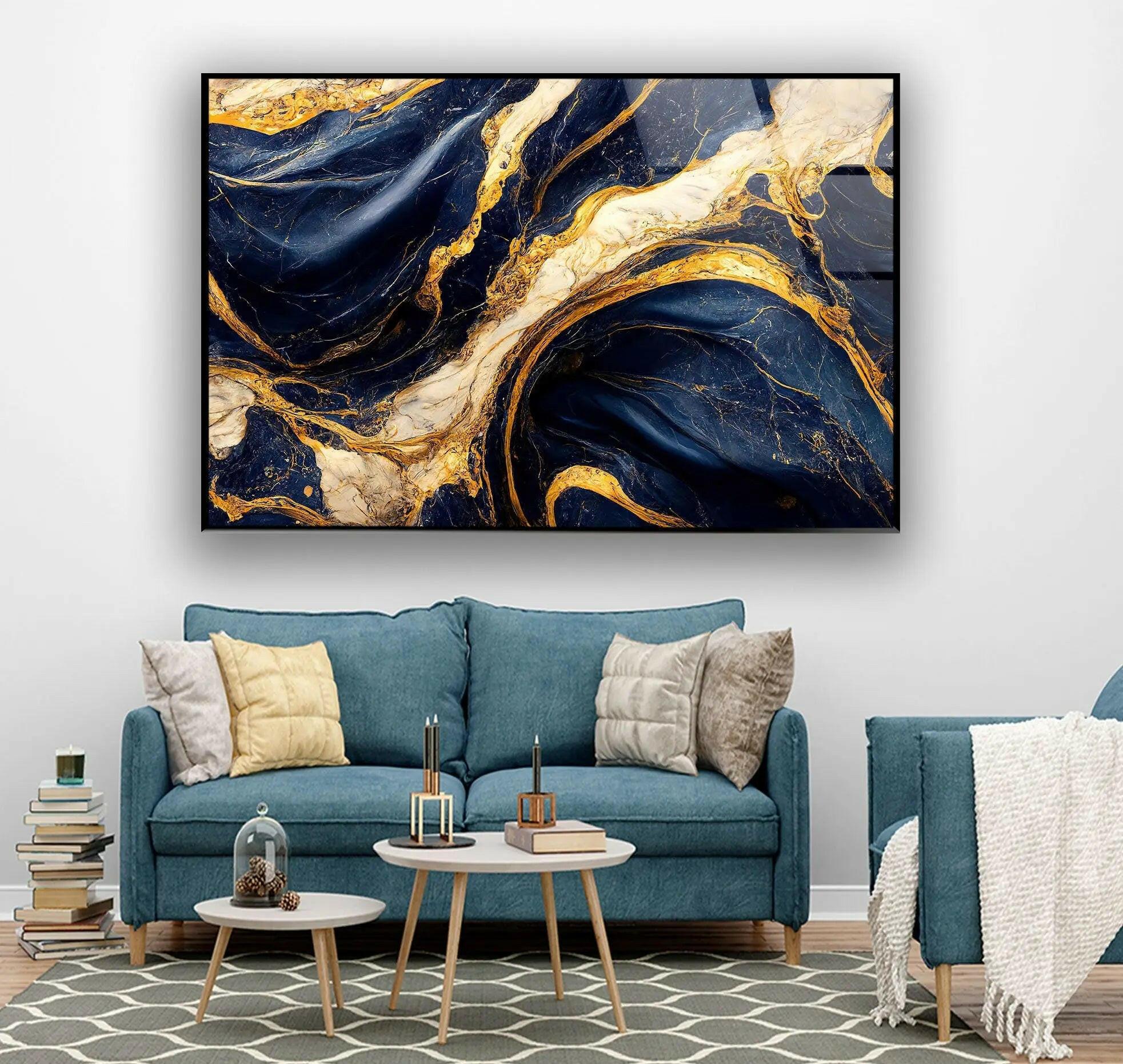 Abstract Marble Dark Blue and Gold Glass Wall Art - Modern Home Decor for Living Room, Bedroom & Office - Elegant Handmade Glass Painting for Wall Display