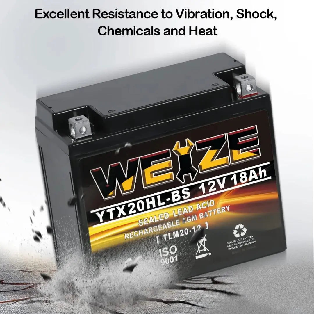 WEIZE YTX20HL BS 12V 18Ah High Performance AGM Motorcycle Battery - Maintenance Free, Sealed, Compatible with ATVs, Scooters & Powersports Vehicles - Perfect for Off-Road Adventures & Daily Commuting