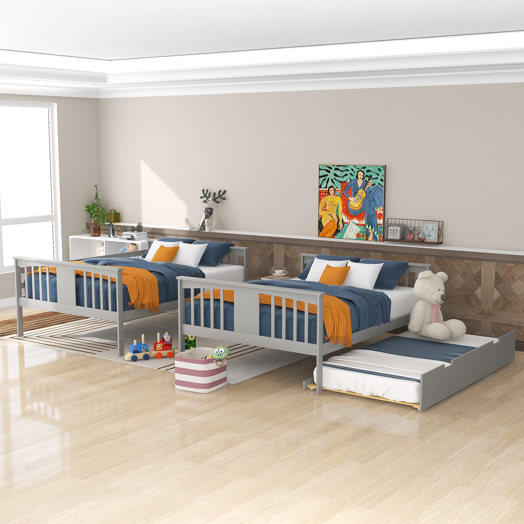 Harper & Bright Designs Solid Wood Full Over Full Bunk Bed with Trundle & Ladders - Grey Bedroom Furniture for Kids, Teens & Guest Rooms - Space Saving Solution for Shared Bedrooms & Sleepovers