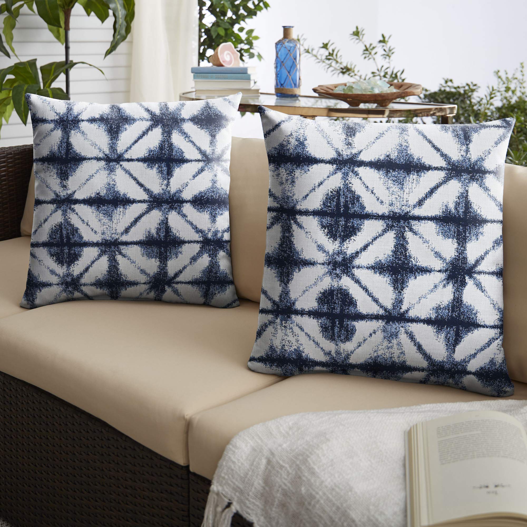Premium Set of 2 Midori Indigo Outdoor Throw Pillows - 18 Inch Square Decorative Cushions for Patio, Garden, Poolside & Porch Furniture