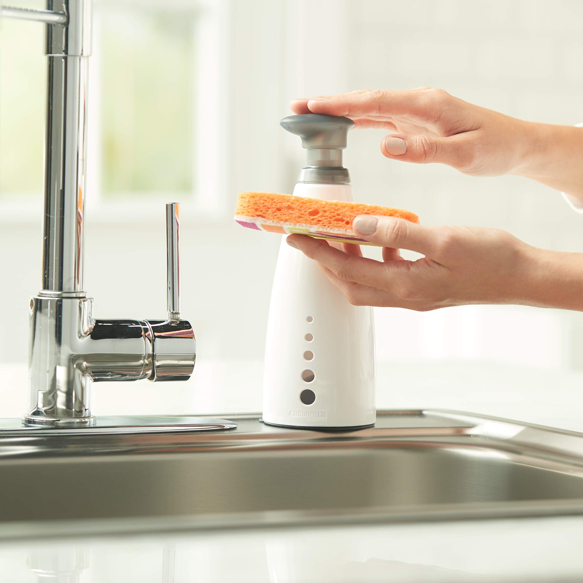 Casabella Sink Sider 14-oz. Soap Dispenser with Filling Funnel - Gray & White Multipurpose Pump Bottle for Kitchen, Bathroom, and Office Use