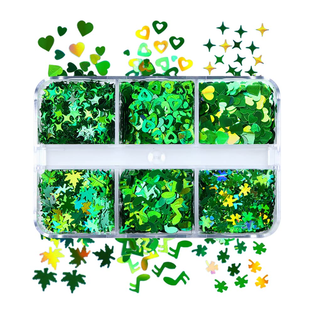 St. Patrick's Day Nail Art Glitters - Green Clover Nail Decals, 3D Holographic Shamrock & Heart Leaf Designs for Acrylic Nails, Manicure Tips & Nail Art Supplies | Perfect for St. Patrick's Day Parties, Nail Salons & DIY Nail Decorations