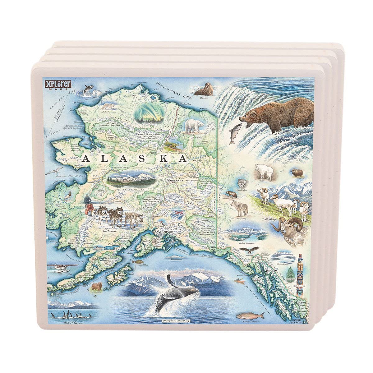 Alaska State Map Ceramic Coasters with Cork Base - Set of 4 | USA Travel Inspired Drink Coasters for Home, Office & Bar Decor