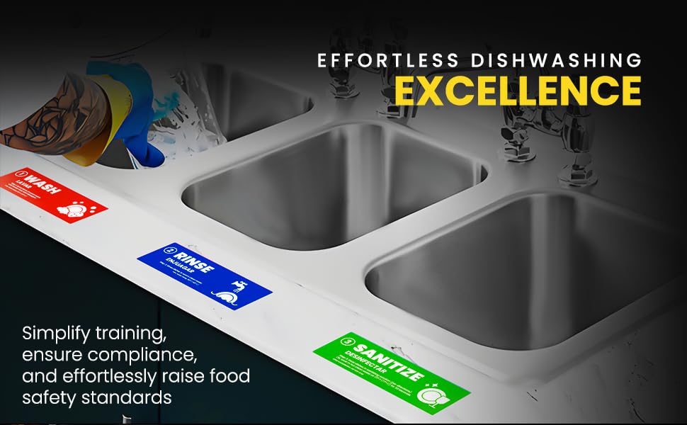 Premium Wash Rinse Sanitize Sink Labels - Hand Washing Signs for Restaurants & Food Service | 3 Compartment Sink Stickers | Dishwashing Training Labels | Employee Must Wash Hands Reminder (6 Pack, 2x6 Inch) - Perfect for Commercial Kitchens, Cafeterias & Food Safety Compliance