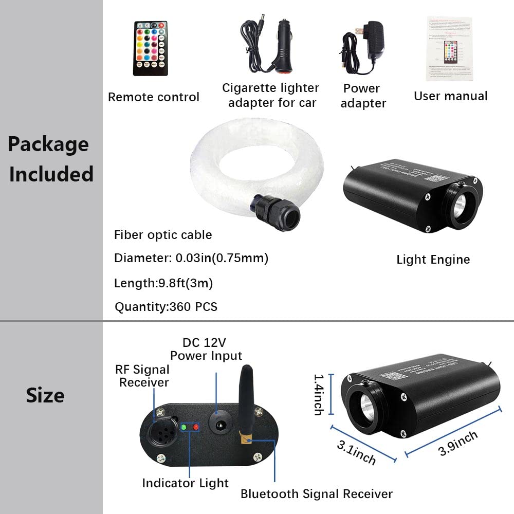 16W Fiber Optic Star Ceiling Light Kit - 360pcs 0.03in 9.8ft Bluetooth RGBW LED Fiber Optic Lights with APP/Remote Control & Sound Activation | Perfect for Car Headliner, Home Theater, Bedroom & Party Decoration