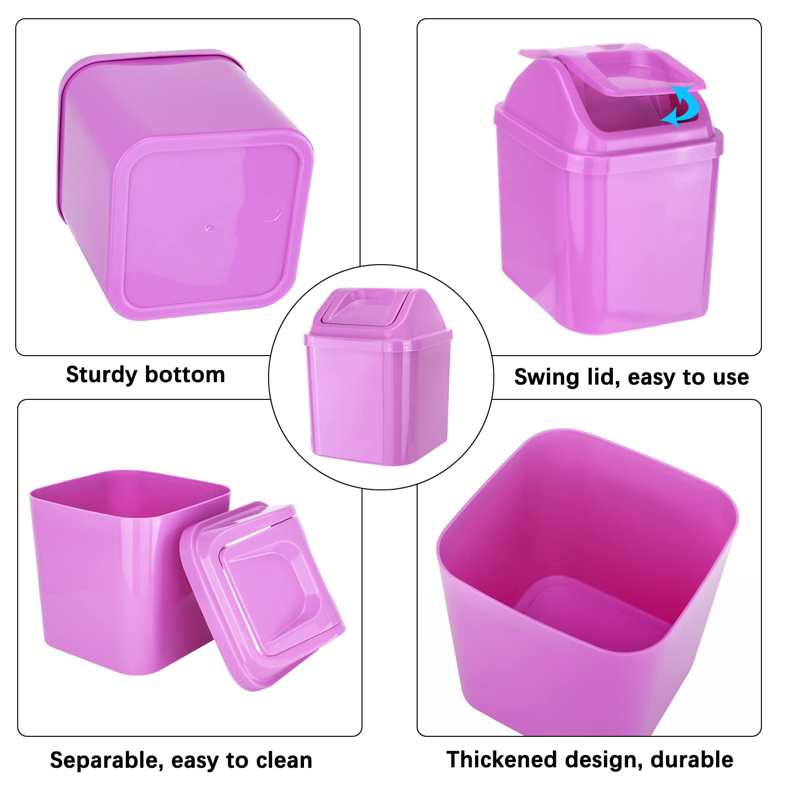 2 Pack Mini Plastic Trash Can with Swing Lid - Includes 4 Rolls Trash Bags - Small Waste Bin for Office Desk, Kitchen Counter, Bathroom, Bedroom & Vanity (Blue + Purple) - Perfect for Home, Office & Travel Use