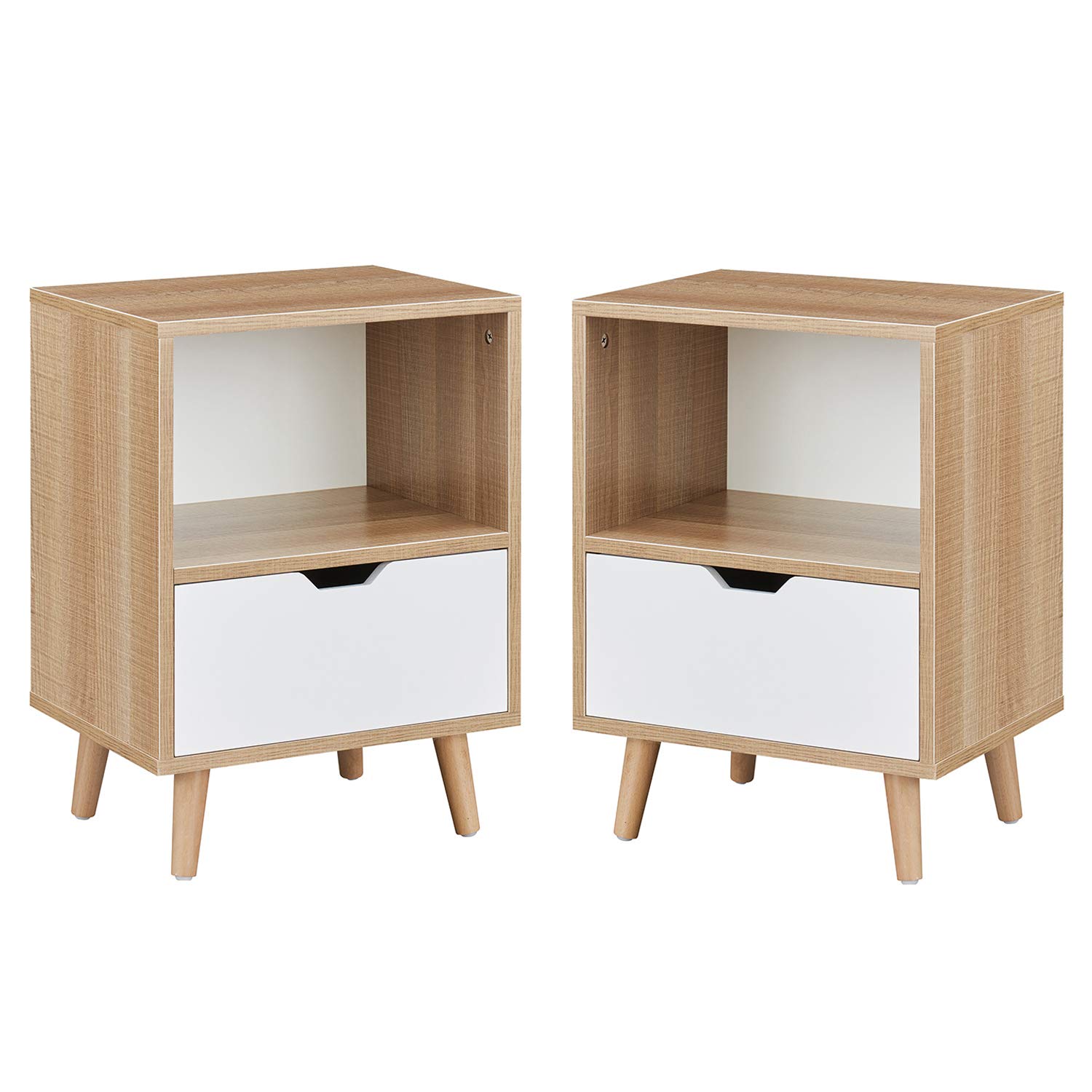 Modern Wooden Nightstand with Open Shelf & Storage Drawer - 2-Tier Bedside End Table with Anti-Slip Rubber Padded Legs, Set of 2, Tan - Perfect for Bedroom, Living Room, or Office Organization