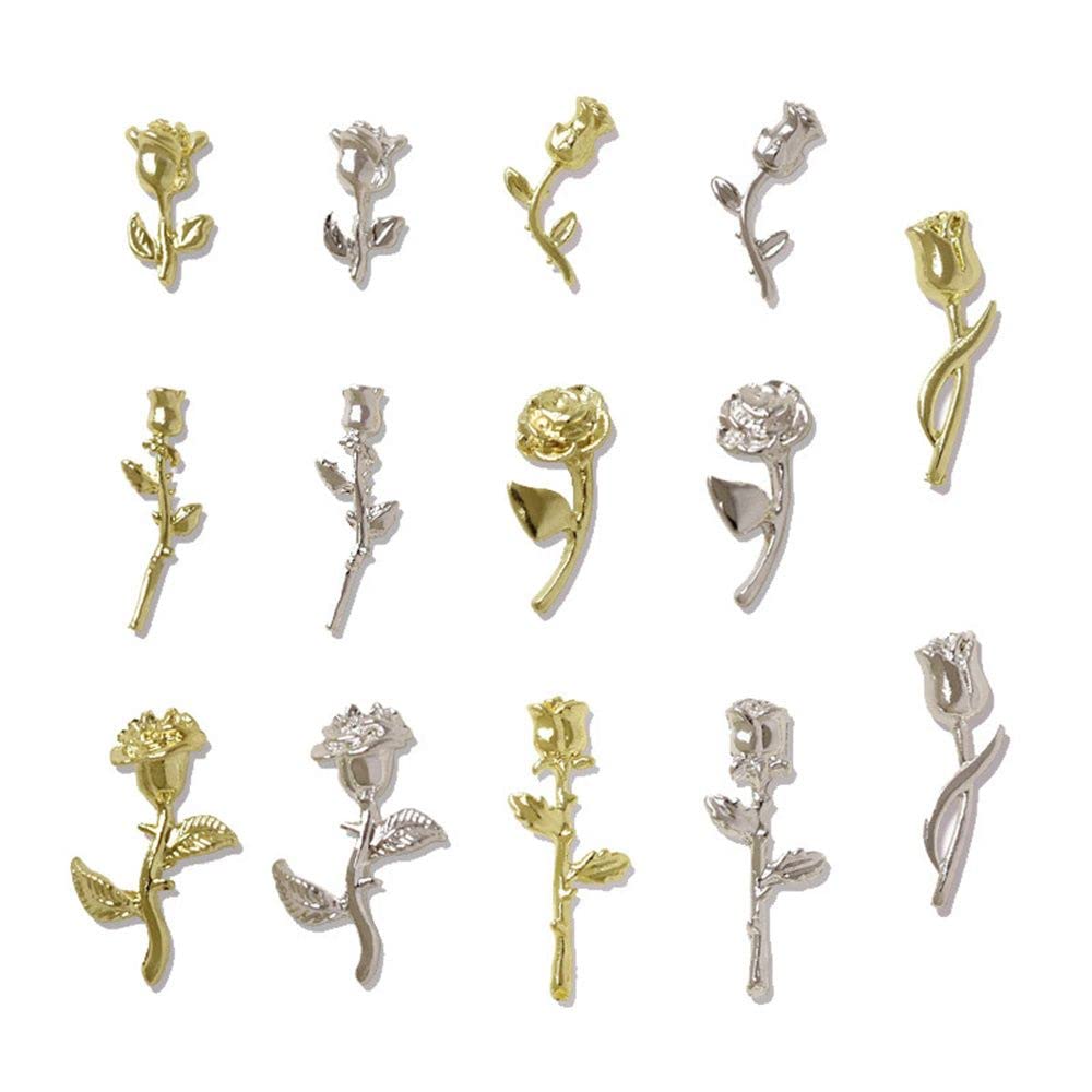 10pcs Luxury Metal Rose Flower Nail Art Decorations - Gold & Silver DIY Nail Jewelry with Rhinestones (K2619) for Bridal, Party, and Special Occasion Nail Designs