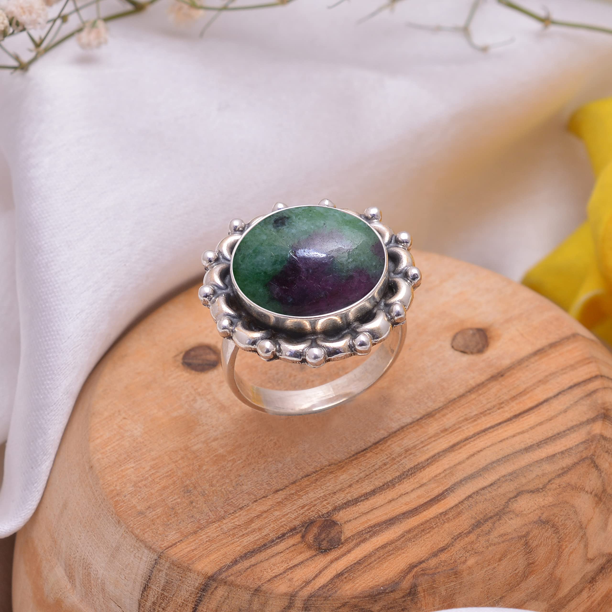Veracity Jewelry Ruby Zoisite Rings for Women - 925 Sterling Silver Bohemian Style Rings with Natural Ruby Zoisite Gemstone - Handmade Green & Red Gemstone Jewelry - Trendy Unisex Silver Ring Gift for Birthday, Anniversary & Special Occasions - VSR-707