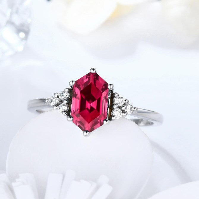 Minimalist Elongated Hexagon Lab Ruby Engagement Ring with Diamond Cluster - 7 Stones in 18K White Gold for Wedding, Proposal & Anniversary Gifts