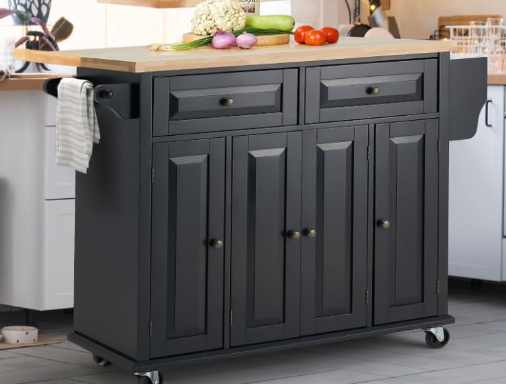AVAWING Kitchen Island with Drop-Leaf Tabletop - 2 Drawers, Lockable Wheels, Spice & Towel Rack - Rubber Wood Kitchen Cart for Storage & Dining Room - Black | Perfect for Small Kitchens, Breakfast Nooks & Extra Counter Space