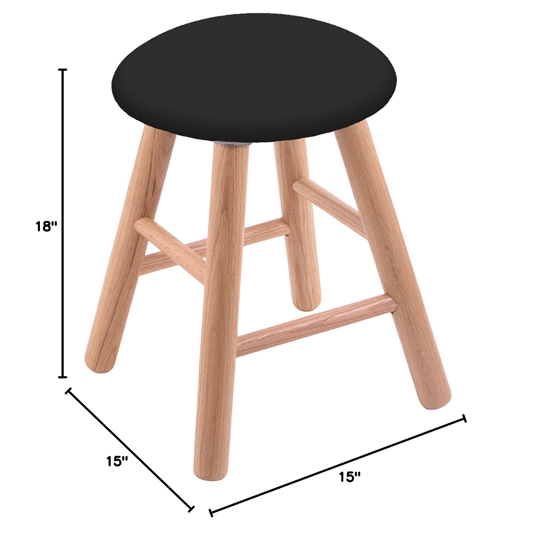 Natural Oak Vanity Stool with Black Vinyl Seat - Elegant Bathroom & Dressing Table Stool for Makeup, Hair Styling & Home Decor