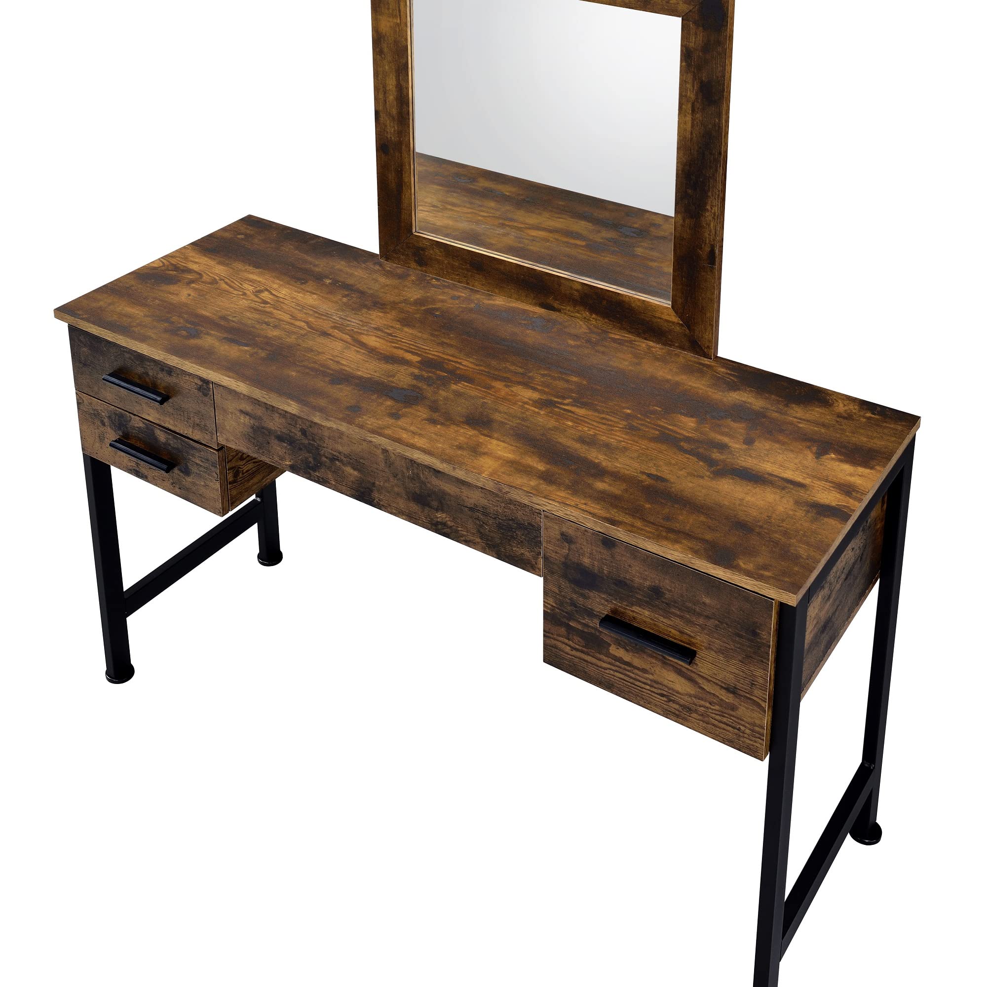 Elountik Industrial Vanity Desk & Mirror Set - Rustic Oak & Black Finish, 4-Drawer Dressing Table for Bedroom & Dressing Room | Perfect for Makeup, Hair Styling & Home Decor