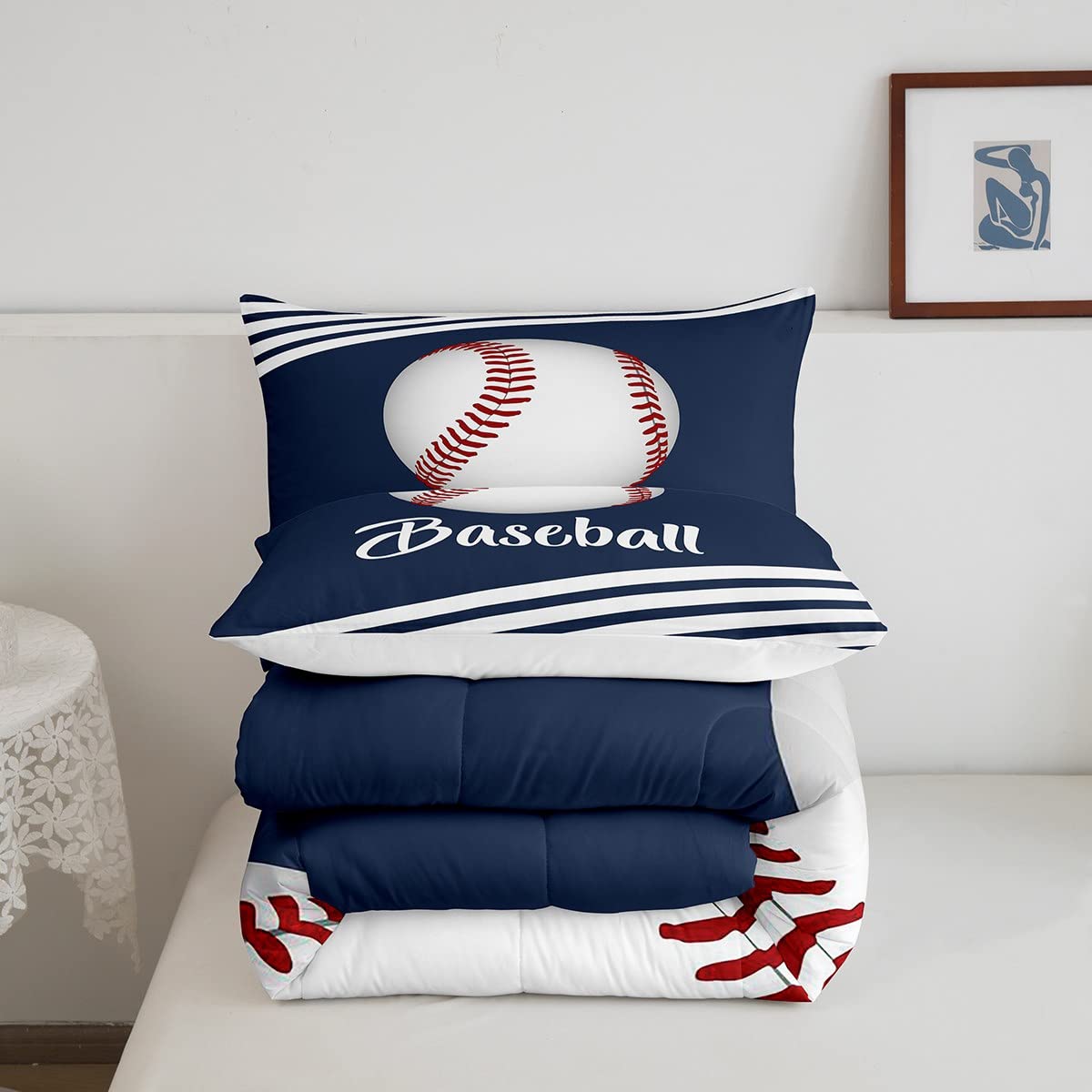 **Baseball Comforter Set Full Size for Boys - Navy Blue Sports Bedding with 2 Pillowcases - Kids Baseball Themed Quilt & Sheet Set - Perfect for Bedroom, Dorm, or Gift**