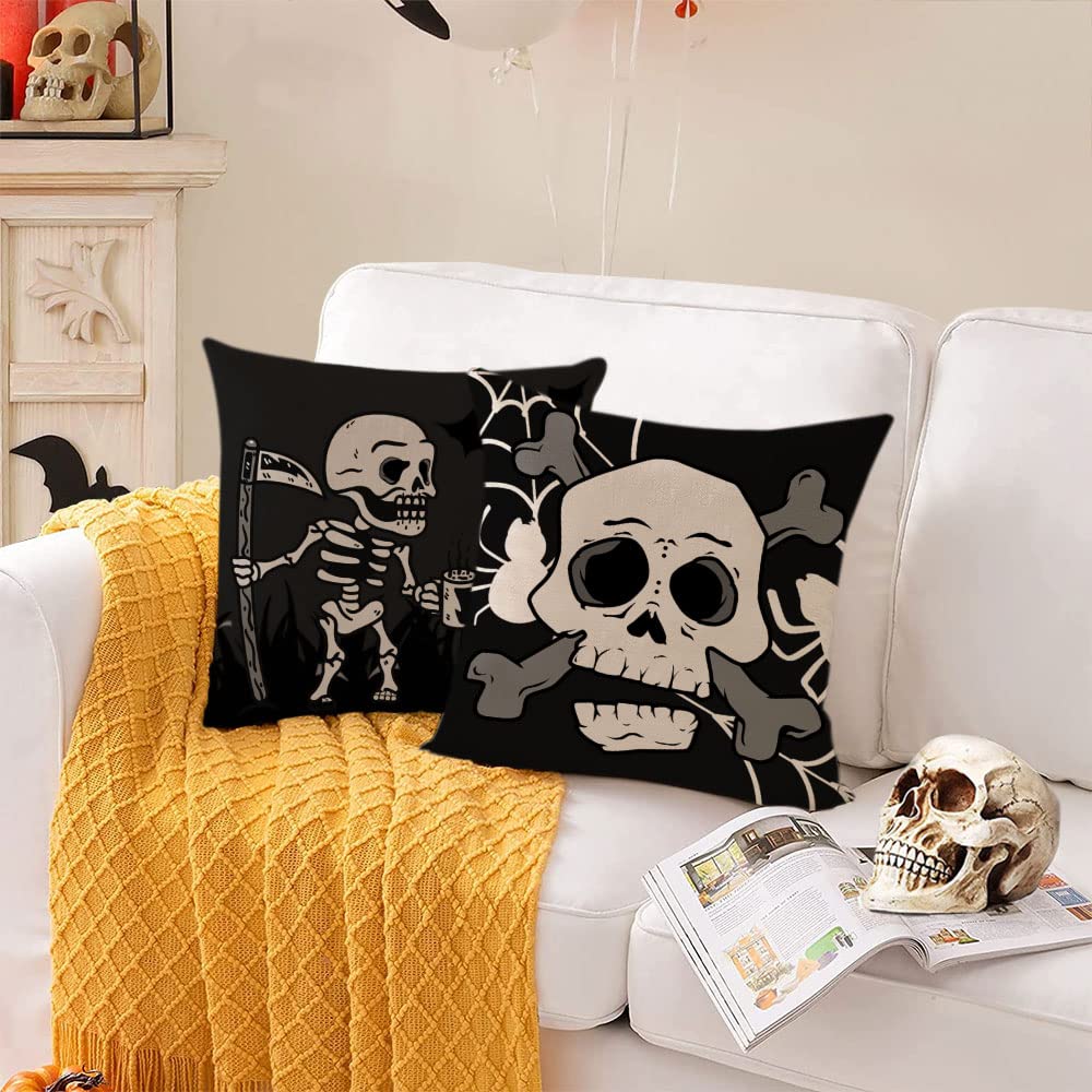 Halloween Pillow Covers 12x12 Set of 4 - Black Skeleton Ghost Throw Pillow Cases for Couch, Sofa & Outdoor Decor - Spooky Home Decorations for Halloween Party, Living Room & Porch