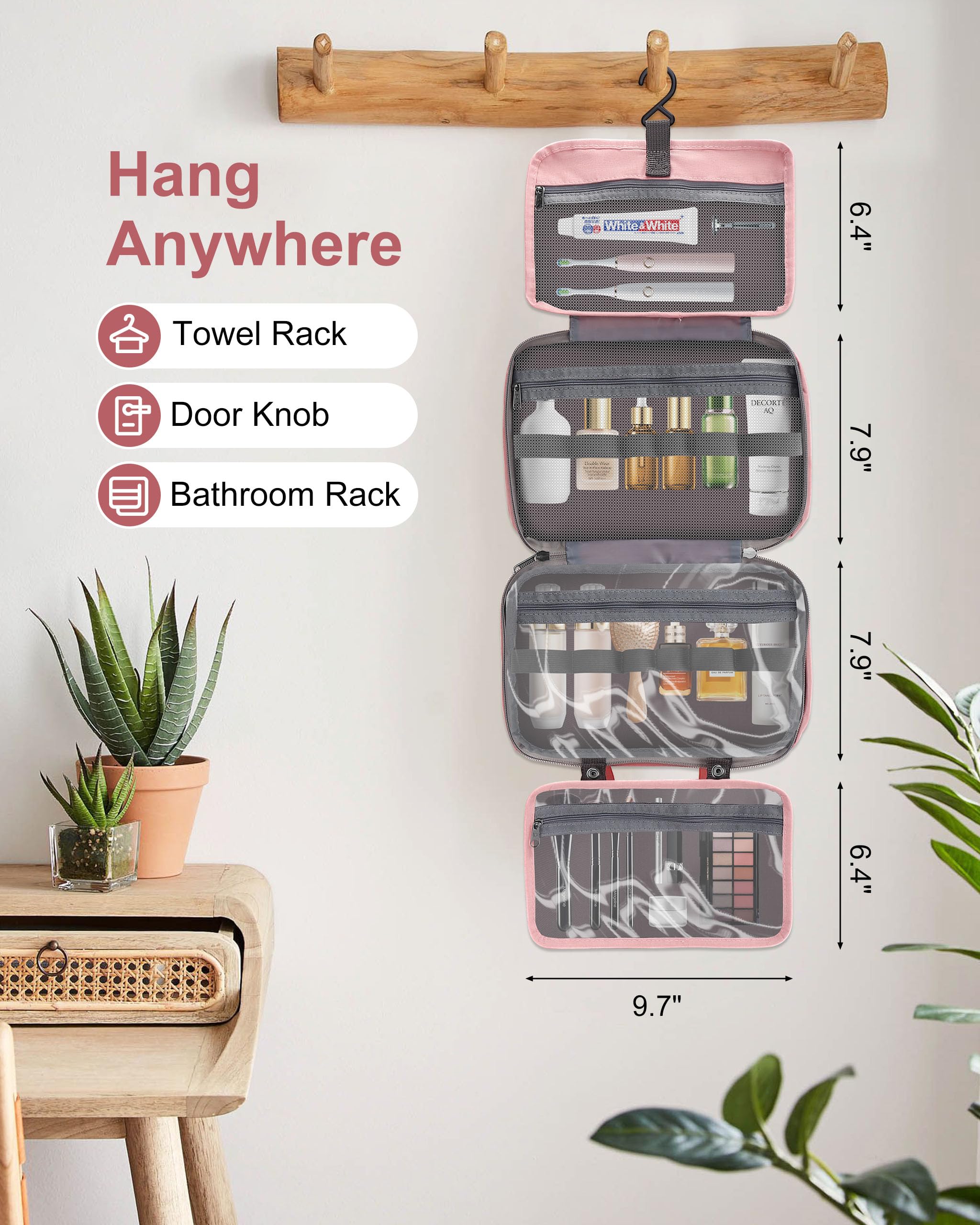 Hanging Travel Toiletry Bag - Large 3-in-1 Waterproof Cosmetic Organizer for Women & Men | Portable Makeup Bag with Hook for Shampoo, Full-Size Toiletries | Perfect for Vacation, Camping & Business Trips (Pink)