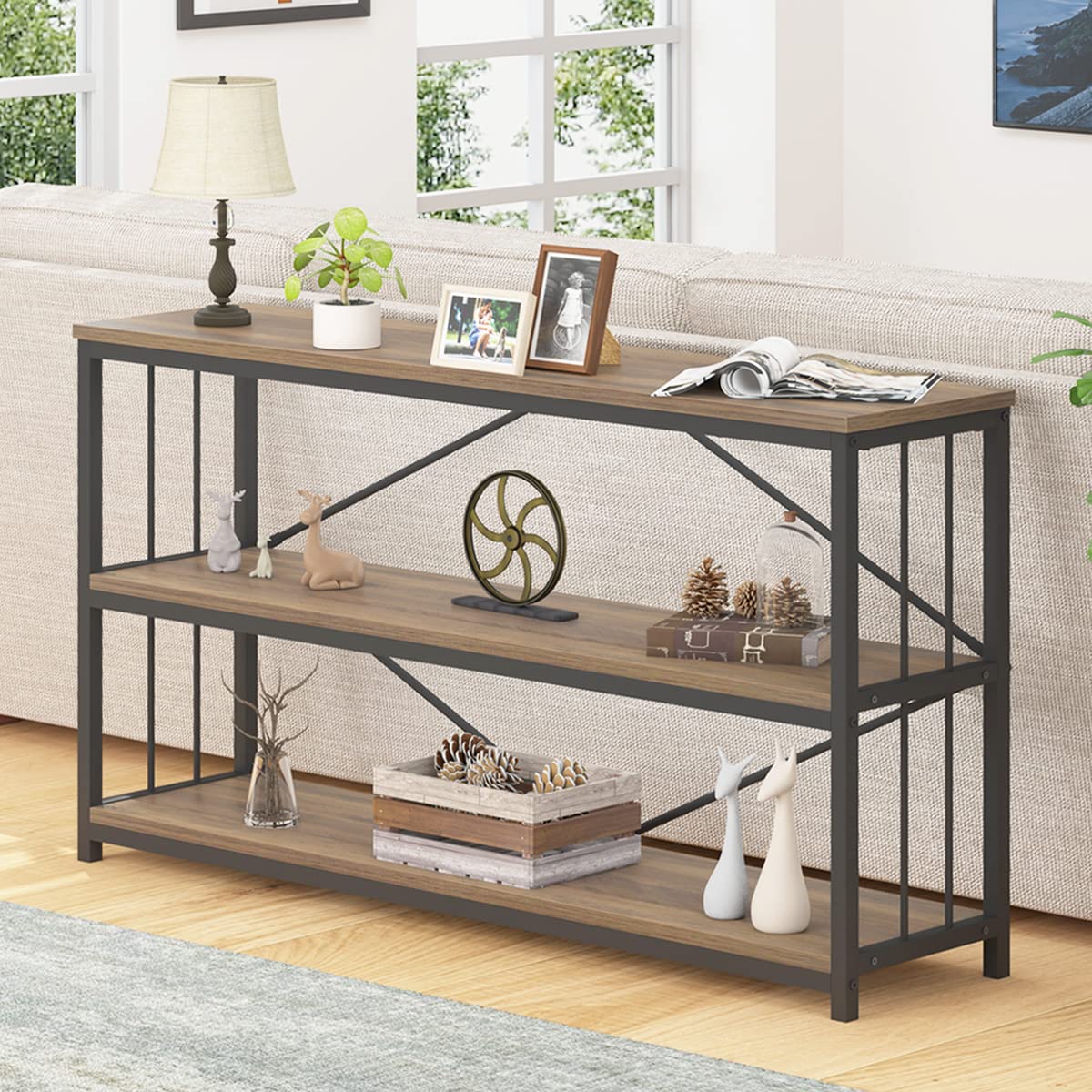 LVB Industrial Console Sofa Table - 55 Inch Rustic Oak Entryway Table with Modern 3-Tier Open Storage Shelf, Wood & Metal Hallway Sofa Table for Foyer, Living Room - Perfect for Home Decor, Organizing Essentials & Creating a Cozy Entryway Ambiance