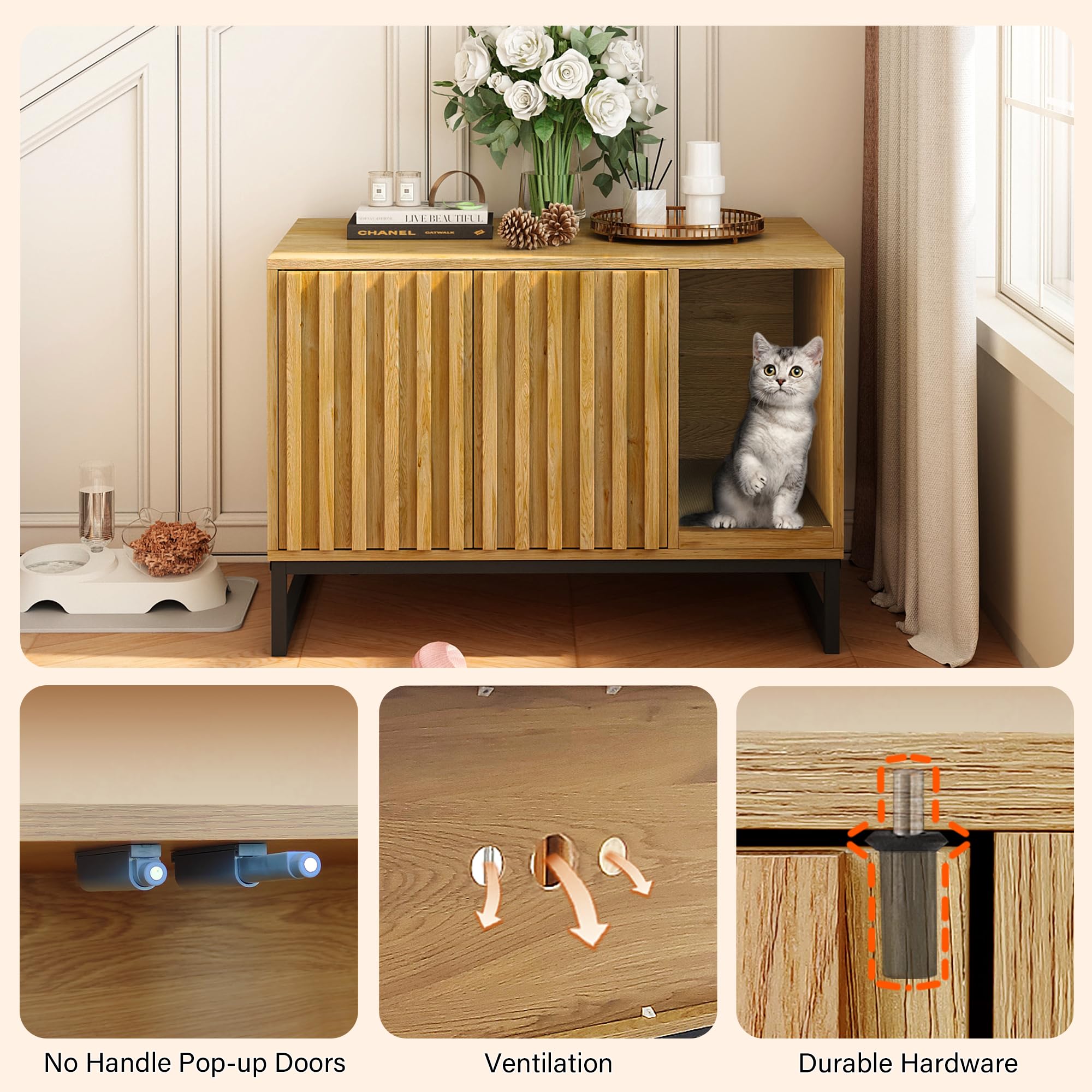 Modern Cat Litter Box Enclosure Furniture - Hidden Litter Box with Scratch Pad, Cat Washroom House & Entryway Bench for Living Room - Natural Wood End Table for Small Spaces & Pet-Friendly Home Decor