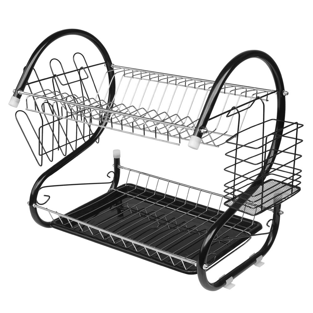 Multifunctional S-Shaped Dual Layer Dish Rack for Bowls, Plates, Chopsticks & Spoons - Space Saving Kitchen Organizer with Drainage - Perfect for Small Kitchens, Dorms & Apartments (Black)