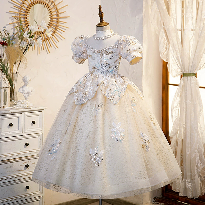 Champagne Princess Round Floor Length Sequined Flower Girl Dress for Weddings, Pageants & Special Occasions