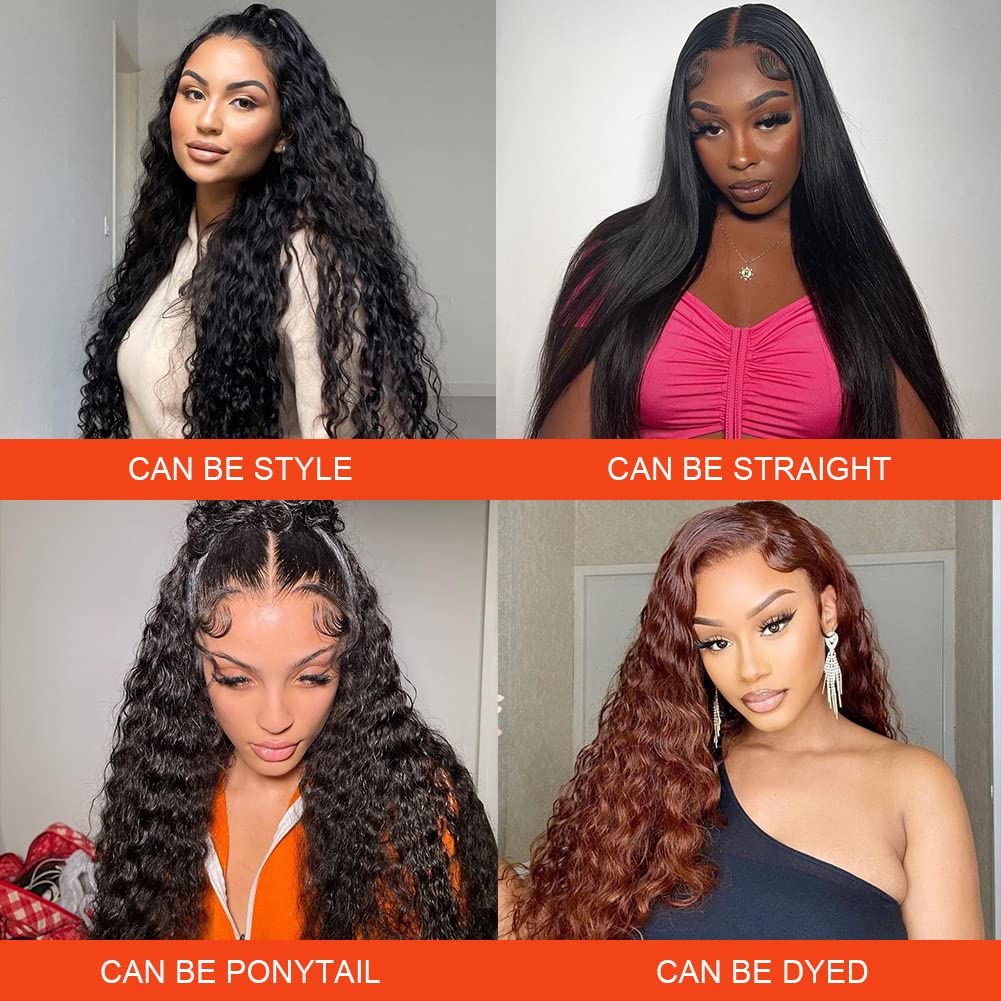HD Lace Front Wigs Human Hair - Water Wave Deep Curly Glueless Wigs with Baby Hair | 180% Density 30inch Natural Black | Perfect for Daily Wear, Parties & Special Occasions