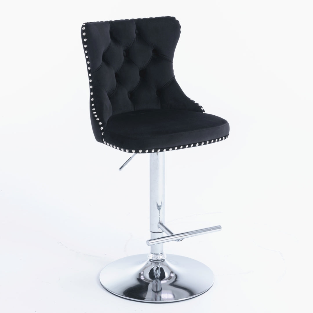 Adjustable Height Swivel Bar Stool with Footrest - Velvet Upholstery & Chrome Base - Modern Kitchen Island & Home Bar Stool - Black