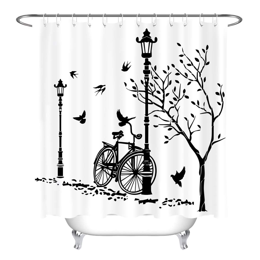 Vintage Bicycle Shower Curtain Set - Black & White Bathroom Decor with Street Lamp & Tree Design, 72x72 Inch Waterproof Polyester Fabric, Includes Hooks - Perfect for Retro Themed Bathrooms & Vintage Home Decor