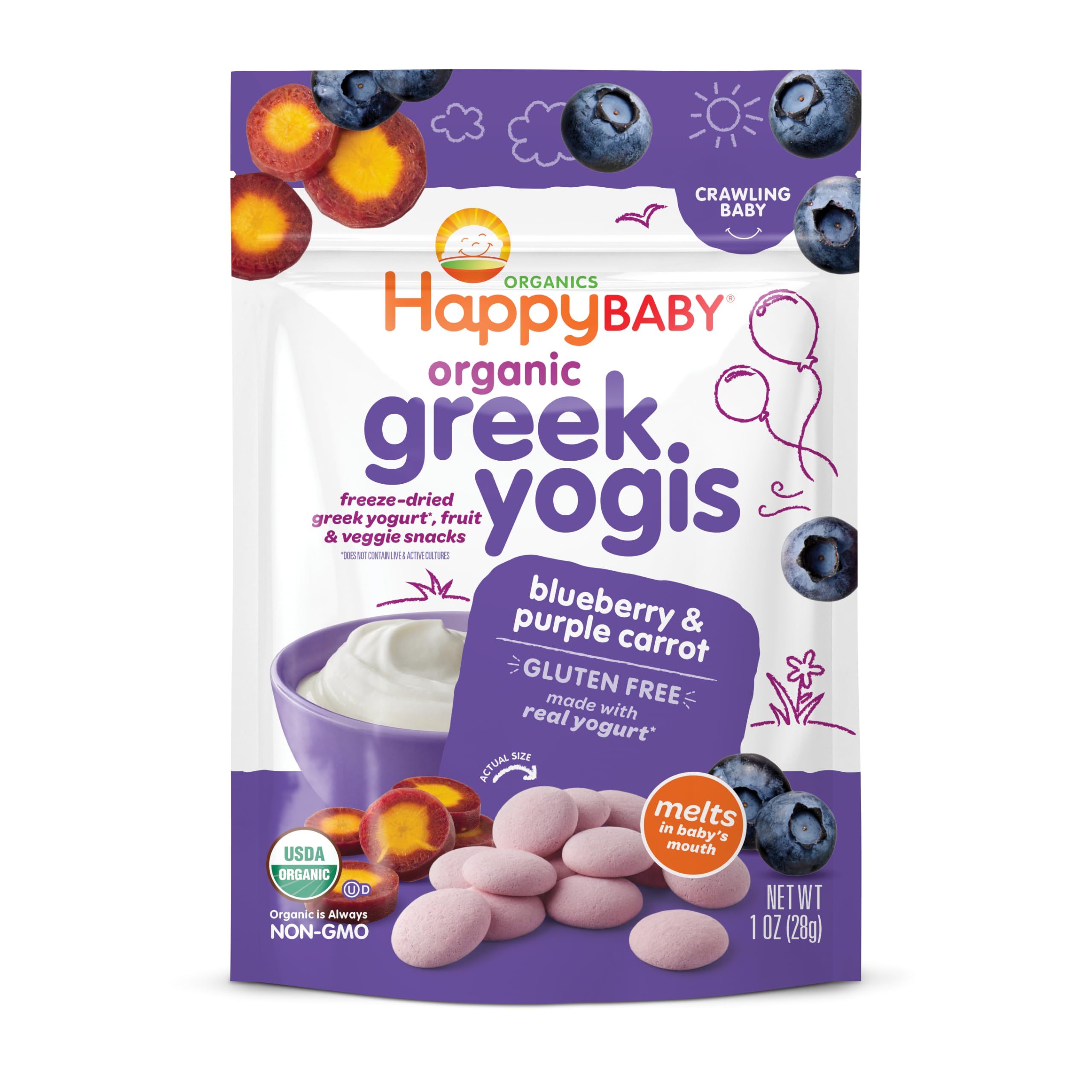 Happy Baby Organics Greek Yogis Freeze-Dried Yogurt & Fruit Snacks - Blueberry & Purple Carrot - 1 Oz | Healthy Baby & Toddler Snacks for On-the-Go, Daycare & Travel | Packaging May Vary