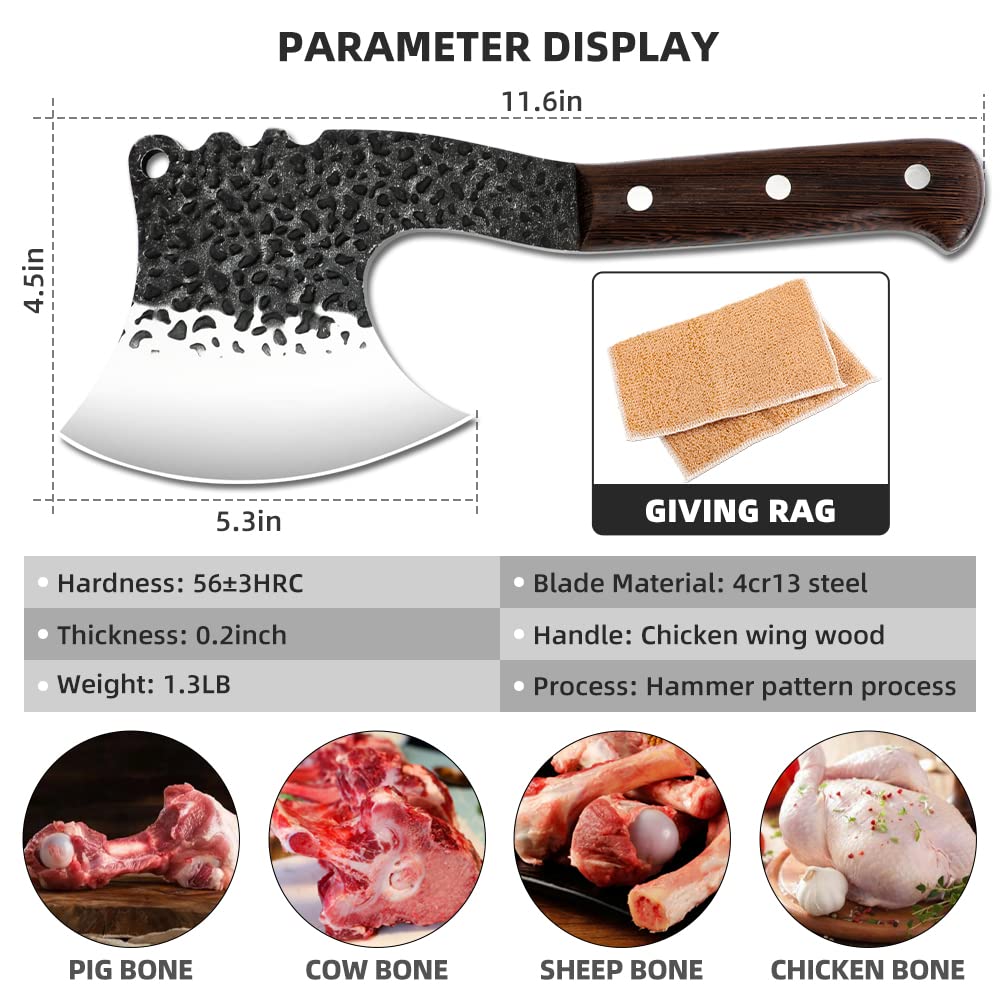 Handmade Forged High Carbon Steel Heavy Duty Butcher Knife - Meat Cleaver Axe Shape, Boning Breaker & Vegetable Chopper - Professional Chef Knife with Protective Cover for Kitchen, Outdoor BBQ & Camping (Black)