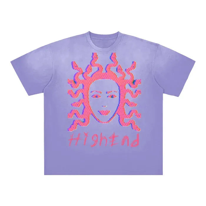 Premium Vintage Washed Medusa Print T-Shirt - Blue, Gray & Purple Gradient Frayed Design - 250 GSM Heavy Cotton - Perfect for Streetwear & Retro Fashion Outfits