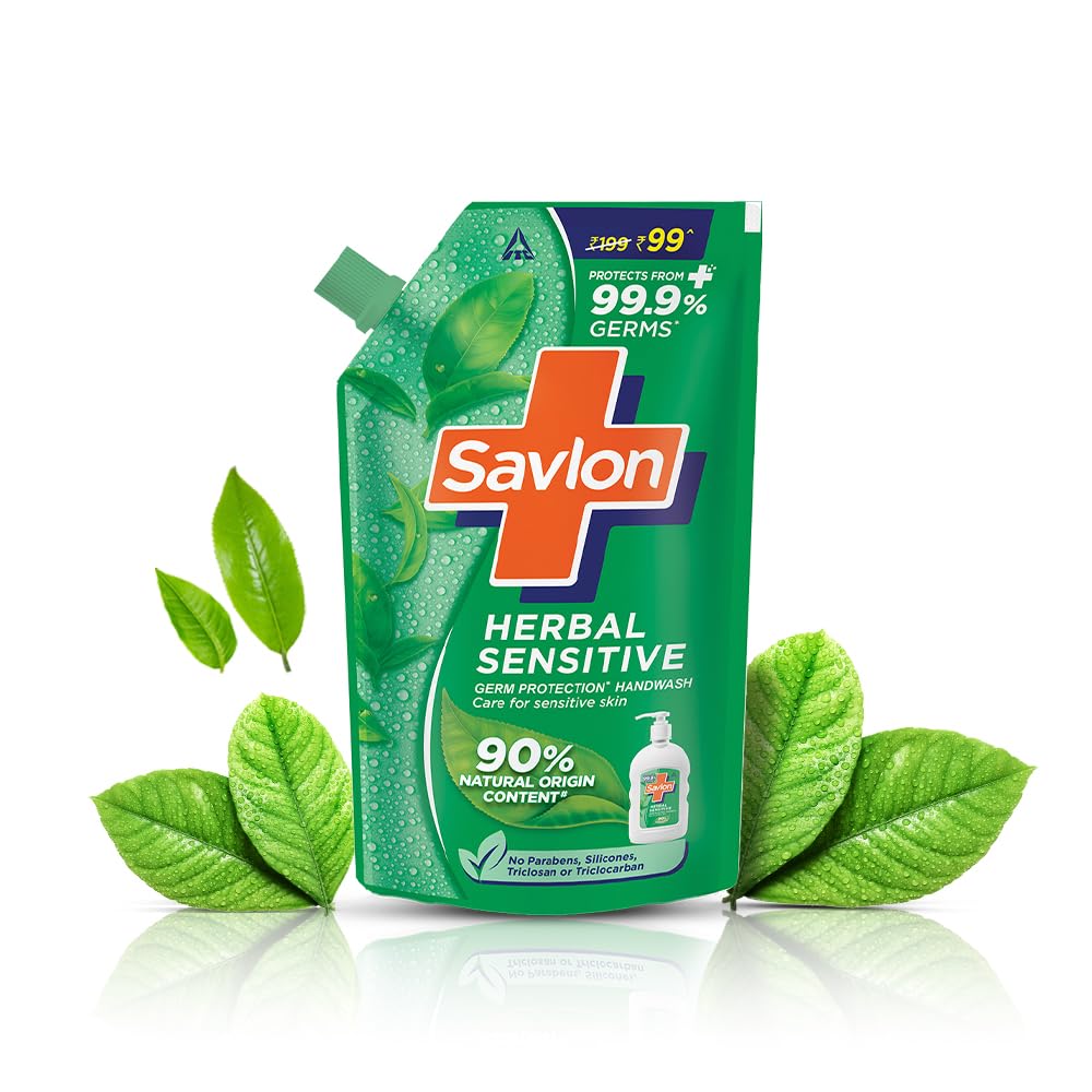 Savlon Herbal Sensitive pH Balanced Liquid Handwash Refill Pouch - 675ml | 90% Natural Ingredients | 99.9% Germ Protection | Gentle for Sensitive Skin | Ideal for Home, Office & Public Spaces