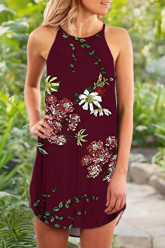 Fronage Women's Floral Sleeveless Mini Dress - Summer Beach Halter Neck Casual Dress for Vacation, Party & Outdoor Activities