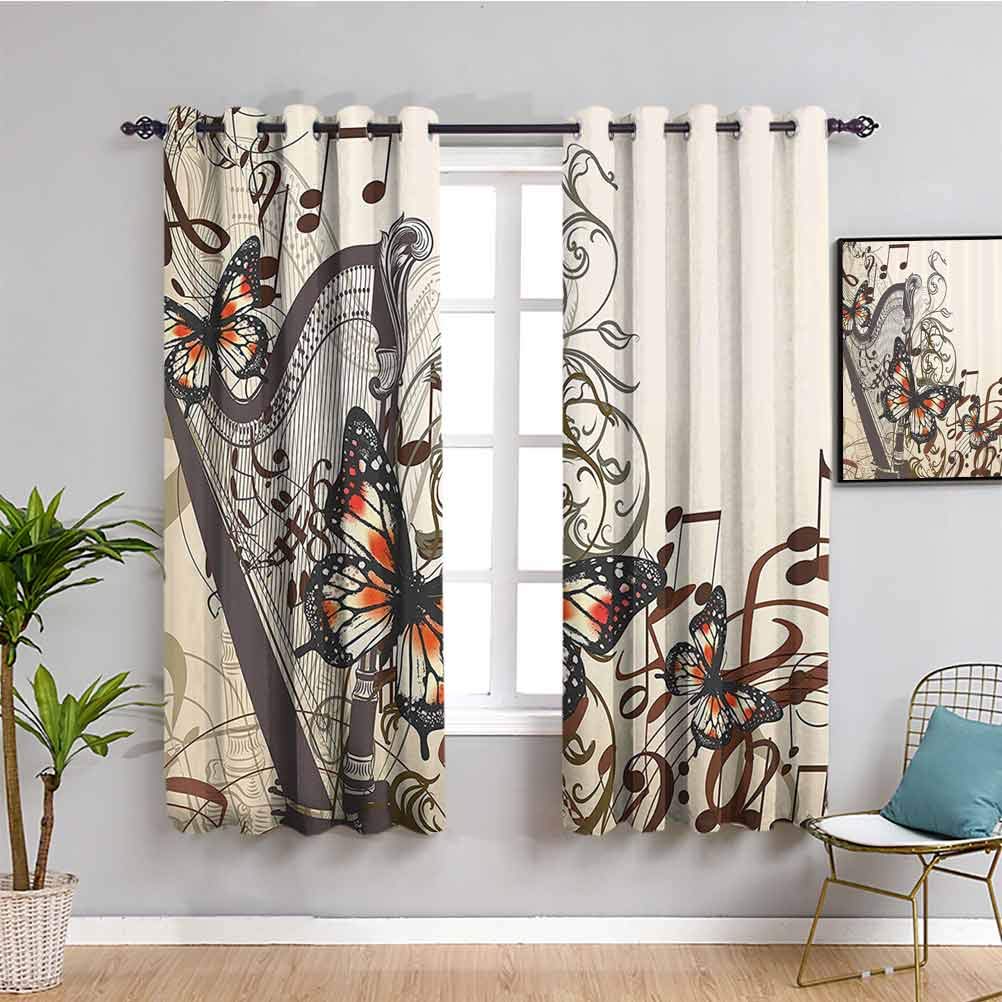 Blackout Shades with Butterflies Decoration - Elegant Harp Ornament & Classic Musical Instrument Design for Living Room or Bedroom - 55