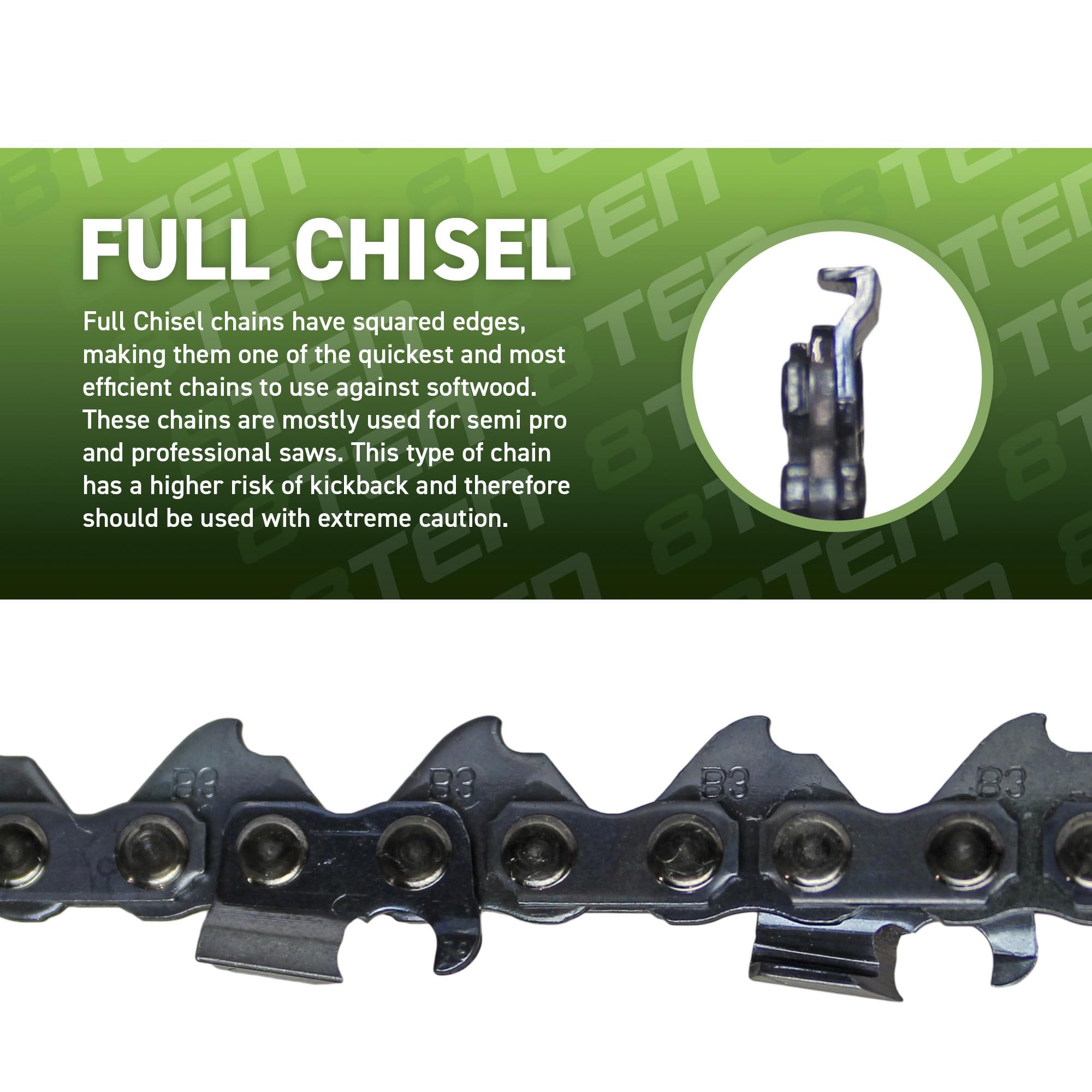 8TEN 18 Inch Full Chisel Chainsaw Chain .050 Gauge .325 Pitch 73DL - 6 Pack - Compatible with Homelite 245, Solo 613, 632, 641, 650 Chainsaws - Ideal for Professional Logging, Tree Cutting and Firewood Processing