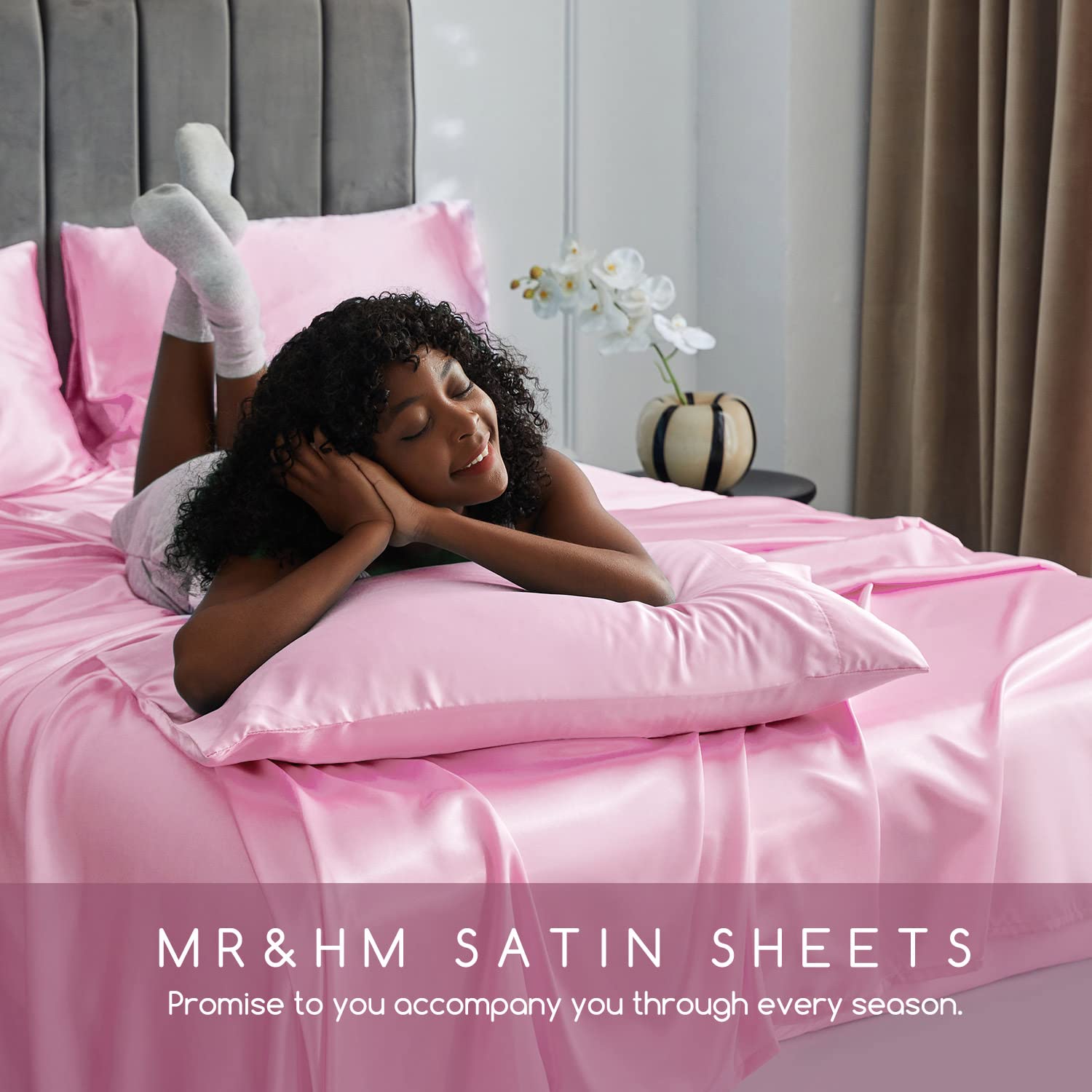 MR&HM Satin King Size Bed Sheets Set - 6 Piece Silky Soft Bedding with 15