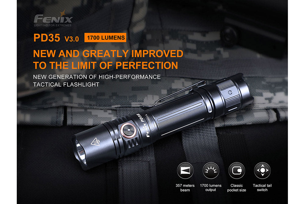 Fenix PD35 V3.0 Tactical Flashlight - 1700 Lumens High Power LED, Rechargeable EDC Torch for Camping, Hiking & Emergency Use